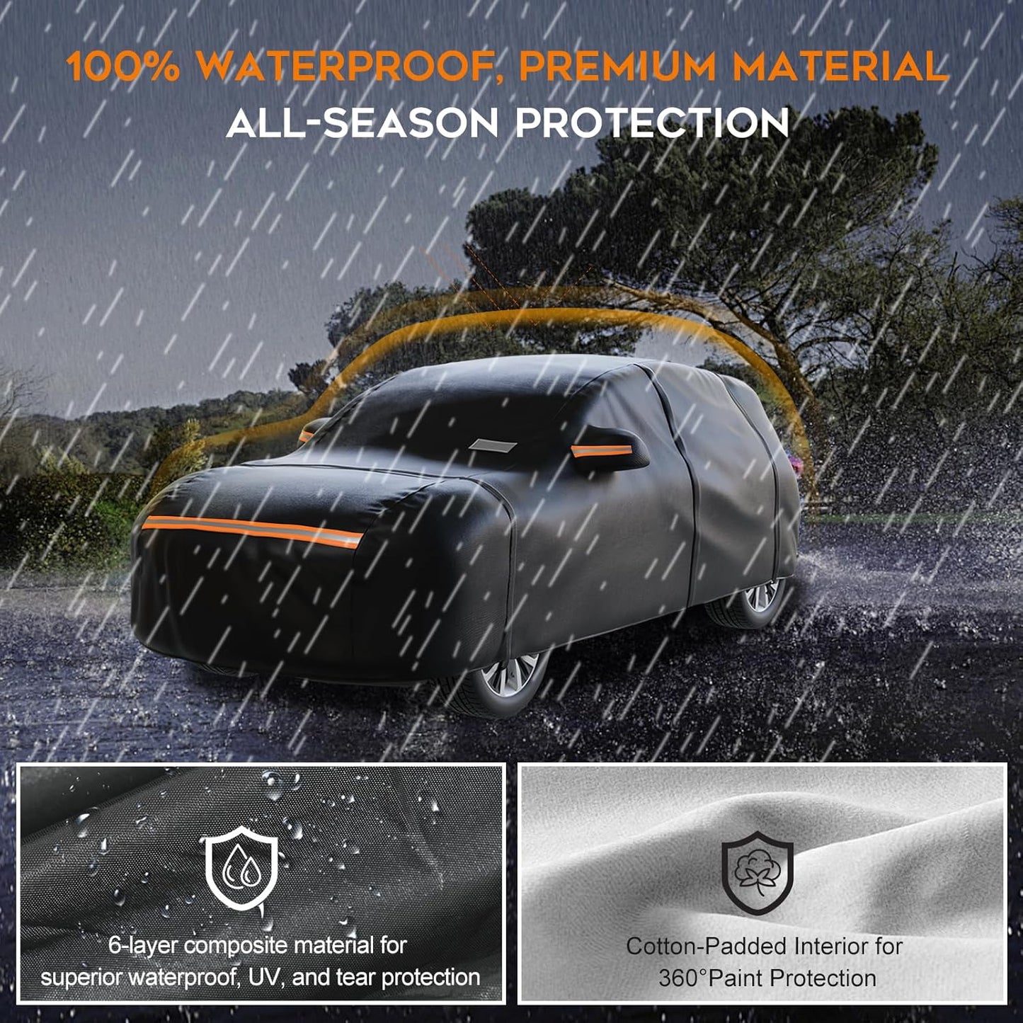SUV Car Cover Waterproof All Weather for Automobiles，Outdoor Heavy Duty Full Exterior Covers with Zipper Door, Rain Sun Snow Dust UV Protection, Windproof Straps & Reflective Strips(Up to 177")