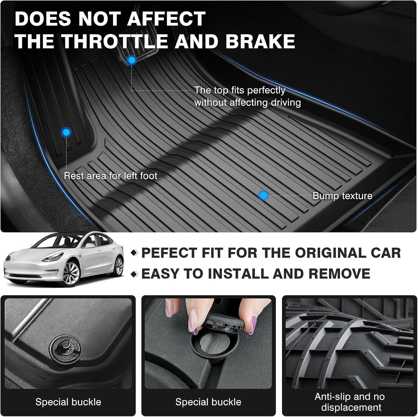 Powerty Floor Mats for 2024 2025 Tesla Model 3 Highland Accessories 1st & 2nd Row Liner Set All Weather TPE 3D Car Mats All-Weather Floor Liners