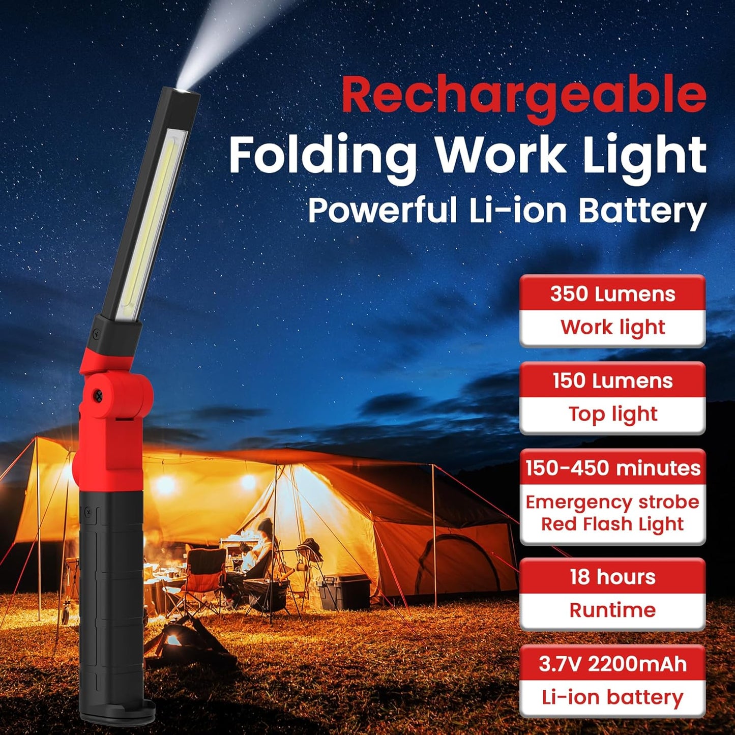 Rechargeable Work Light 2200mAh Magnetic LED Work Light Flashlight Mechanic Light Tool Gifts for Men Him, Foldable Lamp with Hook for Car Repair Emergency BBQ Grill (2 Pack)
