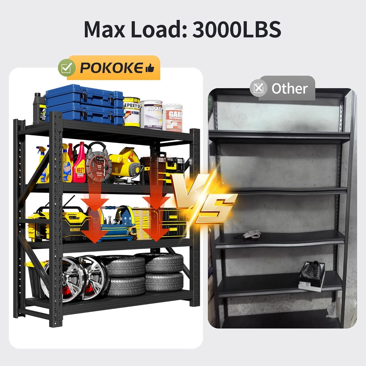 Garage Shelving Unit, 4 Tier Heavy Duty Racks, Easy Assembly, Metal Racks with Adjustable Shelves, 3000 LBS Load Capacity,for Warehouse,Basement (Black, 19.7" D x 31.5" W x 63" H)