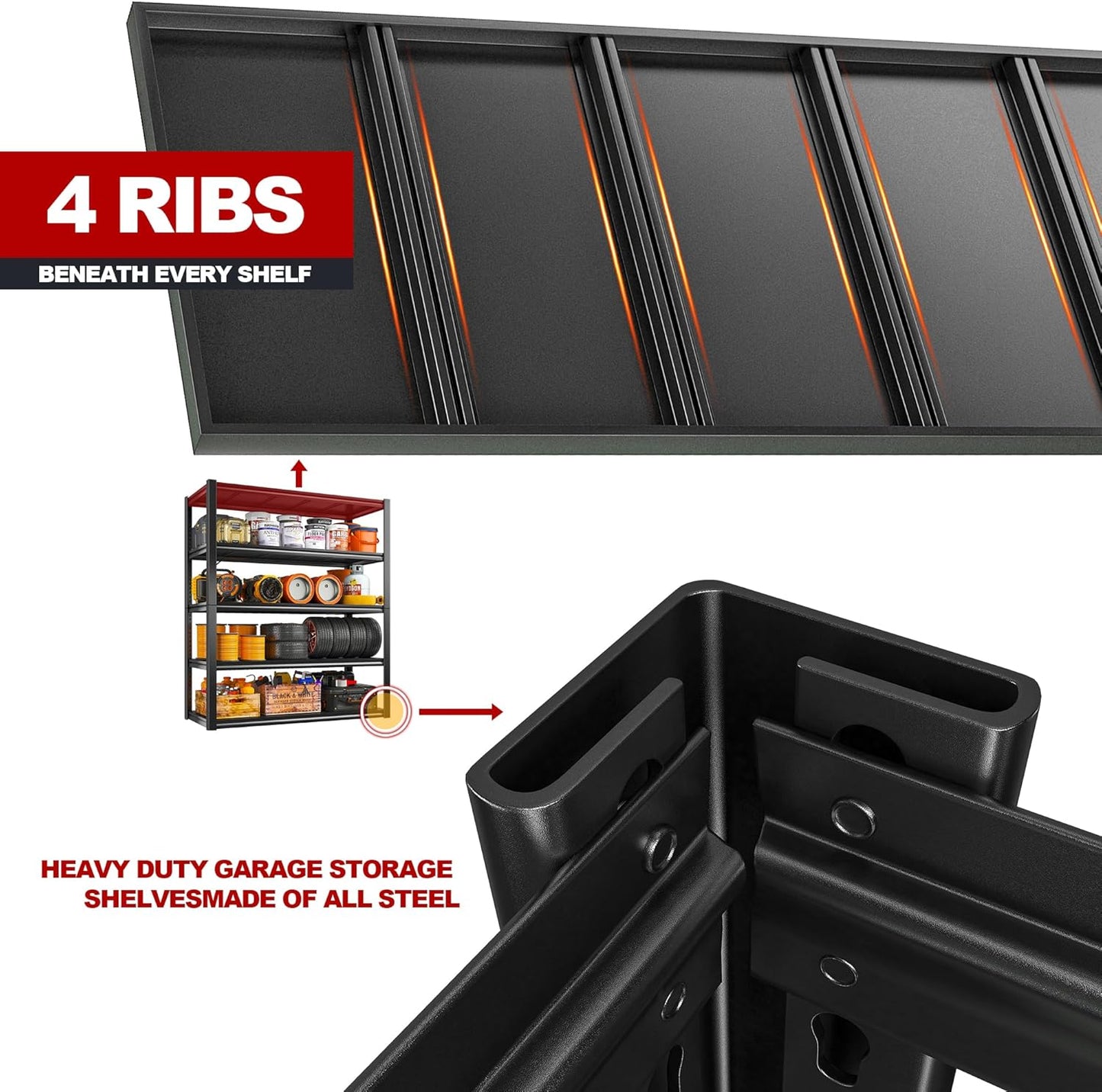 REIBII 48" W Garage Shelving 2500LBS Storage Shelves Adjustable Metal Shelving Heavy Duty Garage Shelves for Warehouse Pantry Basement 48" W x 72" H x 18" D