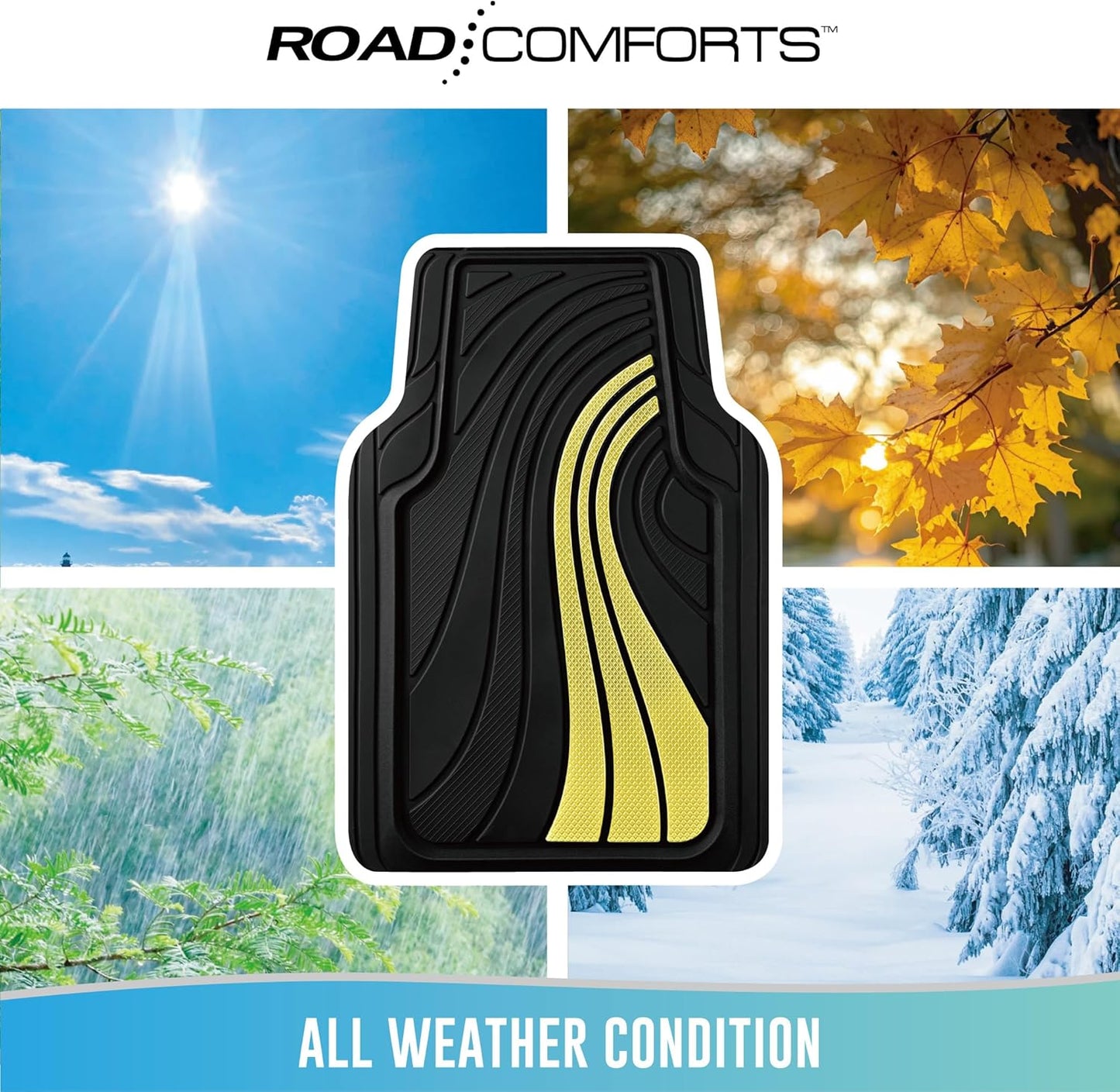 Road Comforts Car Floor Mats Full Set – Front & Rear Car Floor Mats with Aluminum Design, Anti-Slip Backing, All-Weather Protection, Trim-to-Fit Car Mats for Most Sedans, SUVs & Vans - Yellow