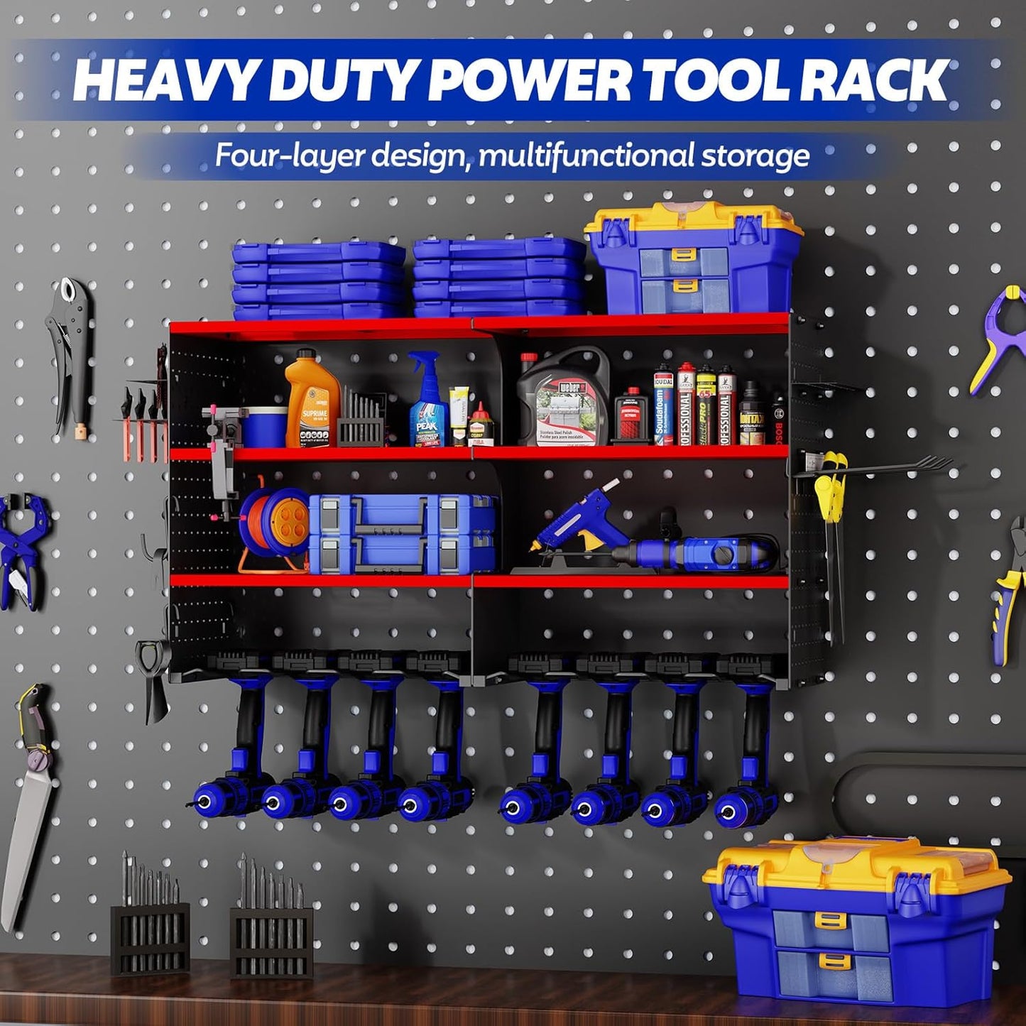 FAHKNS Power Tool Organizer Wall Mount, 4 Layer Heavy Duty Metal Tool Storage Rack, Garage Wall Organizers with 8 Drill Holder Screwdriver Holder, Cordless Tool Organizer for Garage Workshop Shed