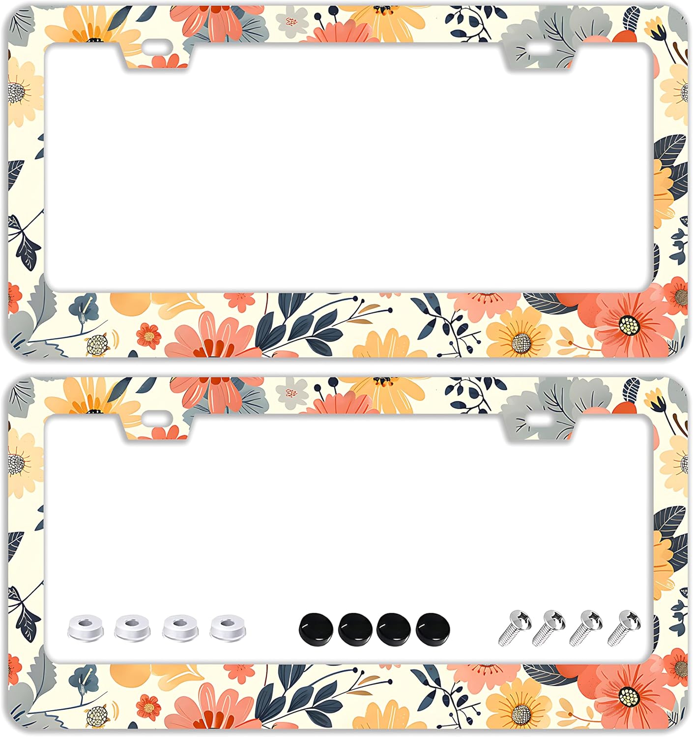 Colorful Floral Flowers License Plate Frames - 2 Pcs Set 2 Holes Stainless Steel Metal Auto Car Accessories Decoration License Plate Frame Cover Size 6.3" x 12.2" Fit US Vehicles for Women Men Gift