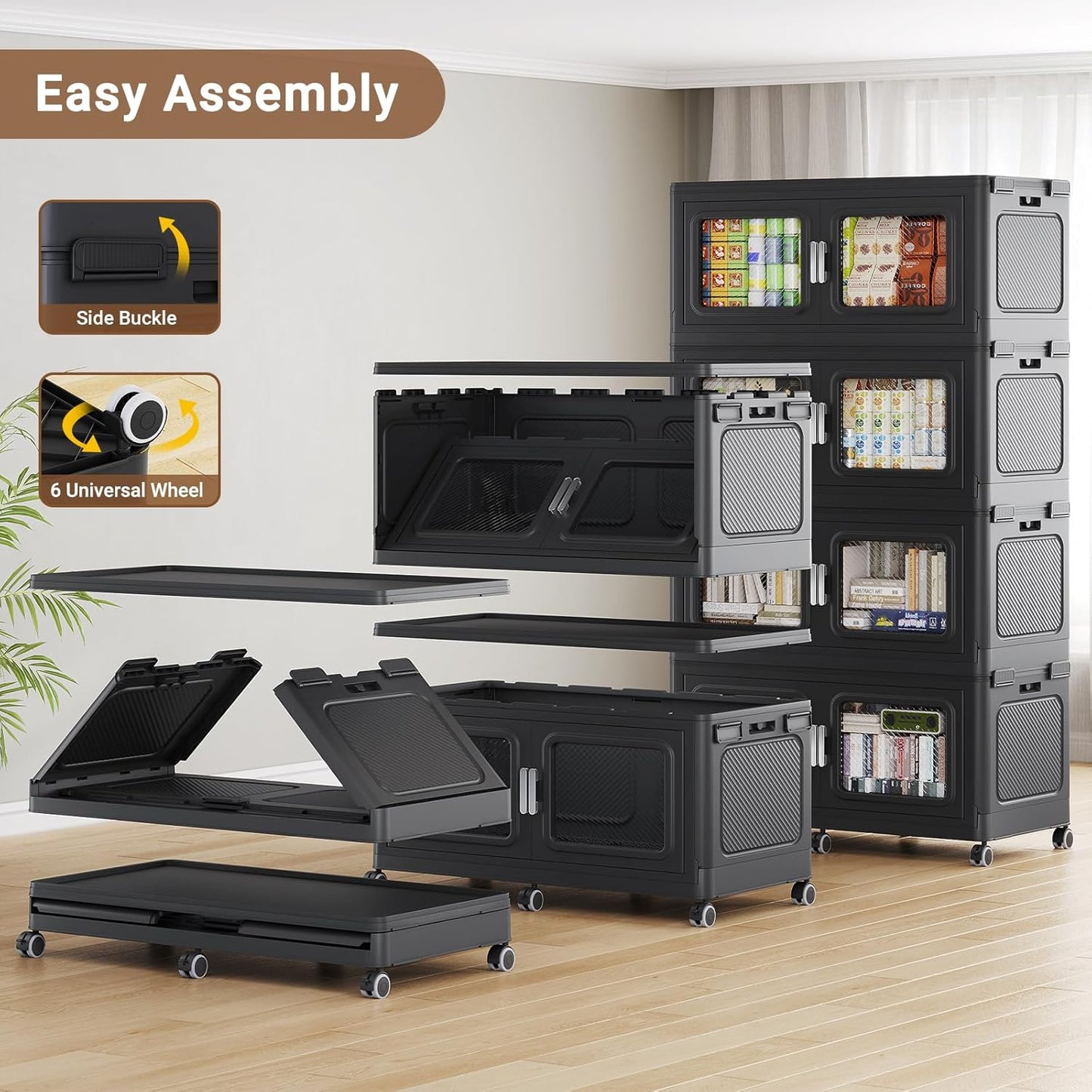 900 Qt Stackable Storage Bin with Lid, 225Gal Extra Large Collapsible Storage Boxes, Folding Plastic Drawer, Heavy-Duty Store Cabinet, Closet Organizer for Home Kitchen, 3 Pack Black