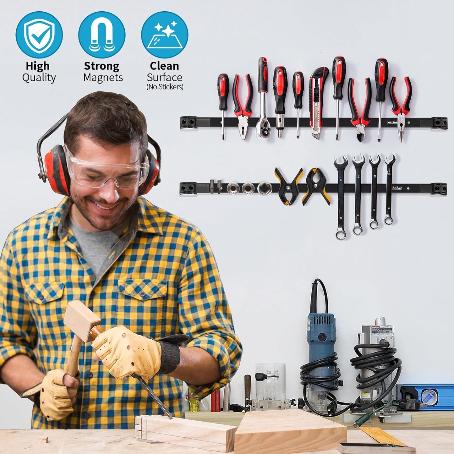 4 Pieces 24" Magnetic Tool Holder Strip, Black Magnet Bar, Metal Tool Organizer Rack for Garage Organization, Easy To Install in Workshop, Mounting Screws Included