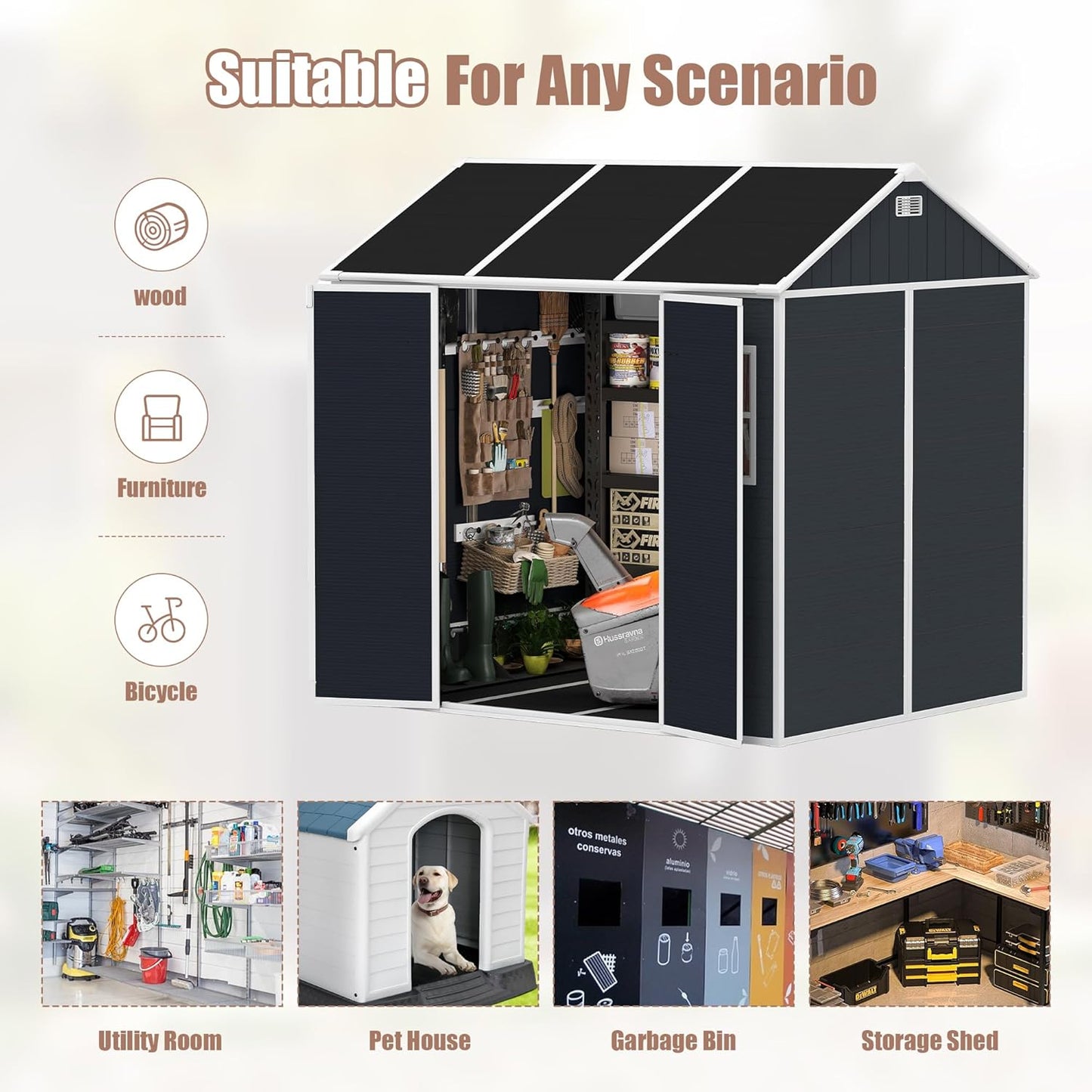 MyVoice 8x7 FT Outdoor Resin Storage Shed with HD Window, Rustproof Waterproof Garden Tool Shed, 12mm Thickened PP Panels, Large Capacity Outdoor Utility House for Backyard Patio (with Floor)