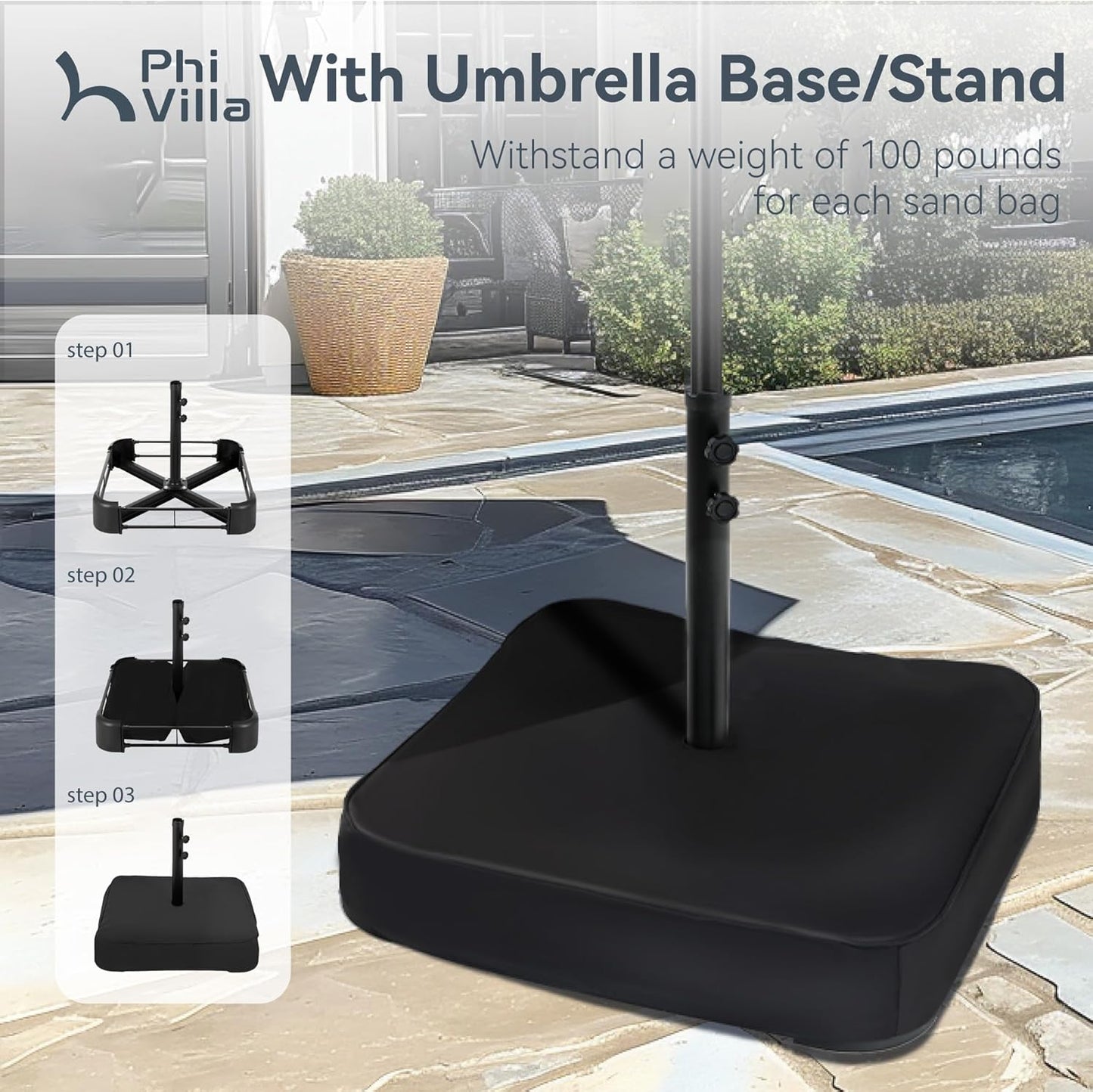 PHI VILLA 15ft Large Patio Umbrellas with Base, Outdoor Double-Sided Rectangle Market Umbrella for Pool Lawn Garden, Light Gray