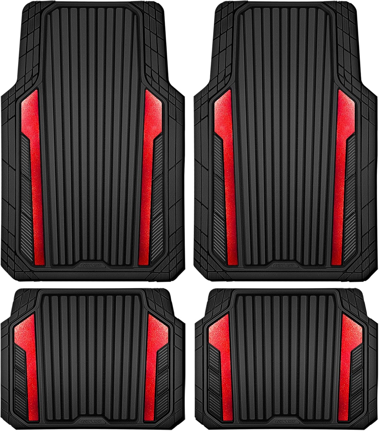 CAR PASS Heavy Duty Rubber Car Mats Metallic, Aluminum Film All Weather Floor Mats Waterproof Universal Trim to Fit Automotive SUV Sedan Van 4 Piece Anodized Deep Dish Two-Tone Sporty Black Red Chrome