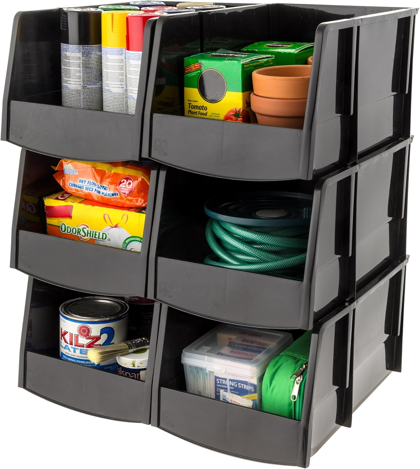 IRIS USA Stackable Storage Bins Open Front, 6 Pack, Plastic Hanging Organizer Caddy Basket for Hardware Crafts, Small Parts, Nuts and Bolts, Garage Tool Storage, Jumbo, Black