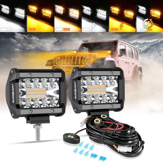 Auxbeam 4 Inch LED Pods Strobe Pod Light Bar, 120W Amber White 6 Modes Fog Light Spot Offroad Driving Lights, 12000LM Triple Row Memory Function with Wiring Harness Kit - 2 Pack