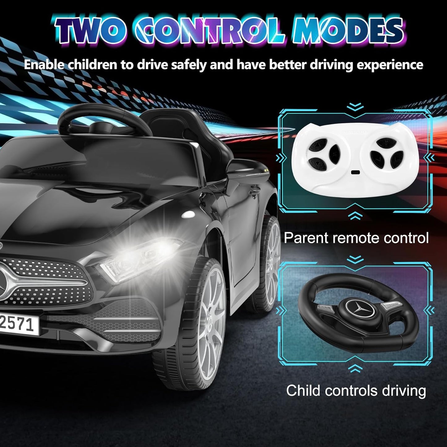 12V Kids Ride On Car with 2.4G Remote Control,Battery Powered Electric Car Ride On Vehicle Double Doors, 5 Point Safety Belt,LED Light (SC-Black)