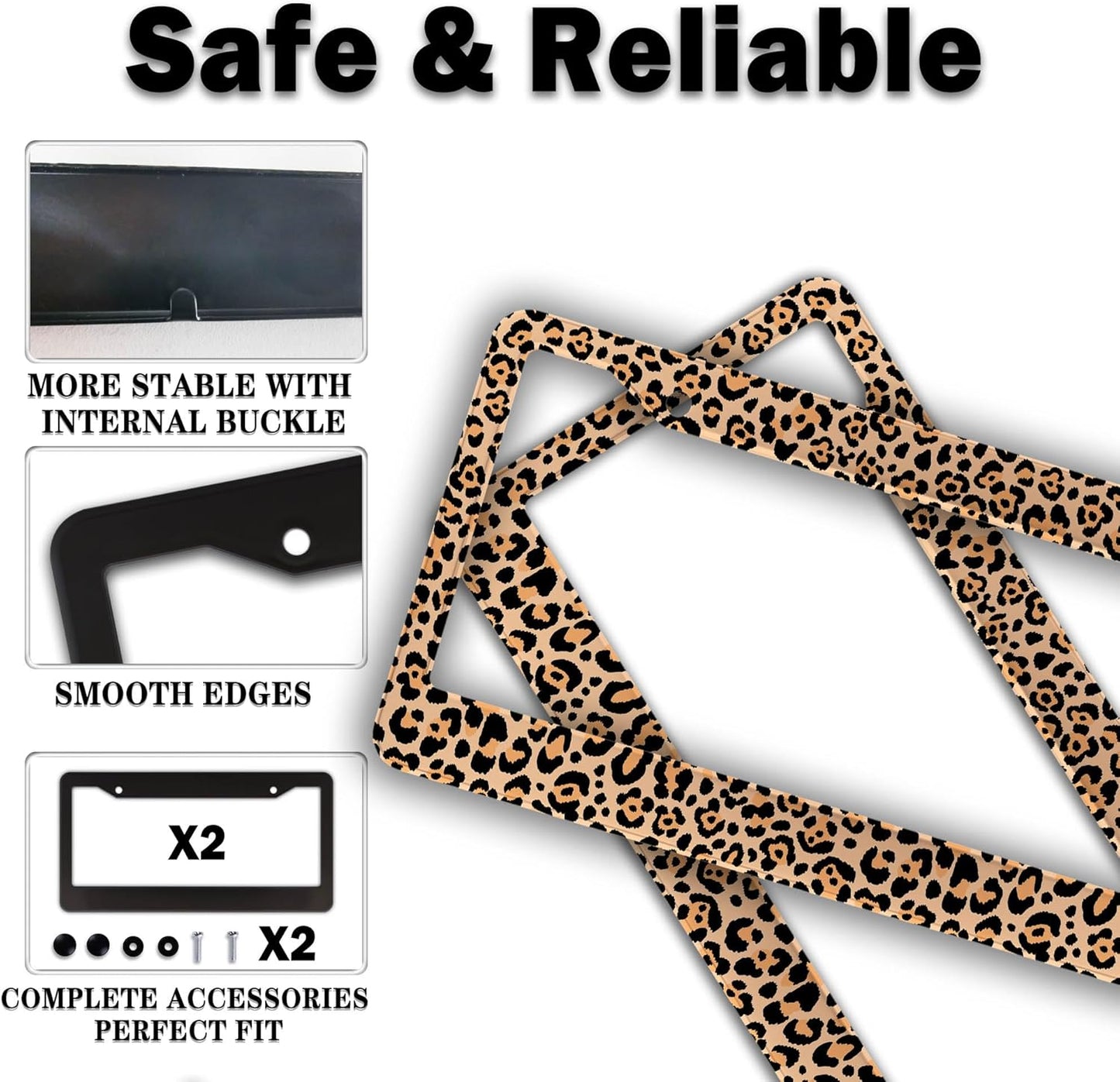 License Plate Frames Leopard Print Fun License Plate Frame Protector Cute Cheetah Texture Aluminum Metal Car Accessory 2 Pack with Screw Covers Set