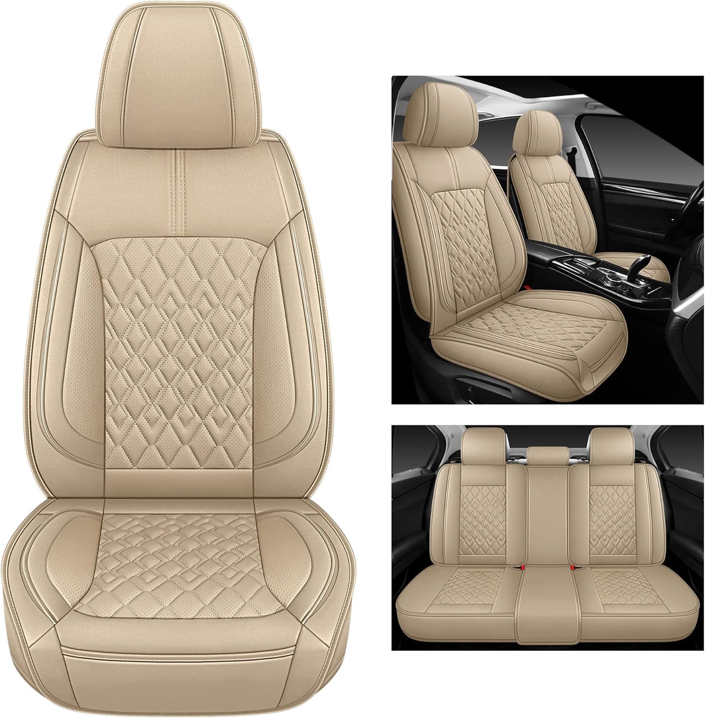 Pariitadin Leather Car Seat Covers Full Set, Waterproof Breathable Faux Leather Automotive Seat Covers for Cars, Non-Slip Car Interior Covers Universal Fit Most Cars Sedans Trucks SUVs, Beige