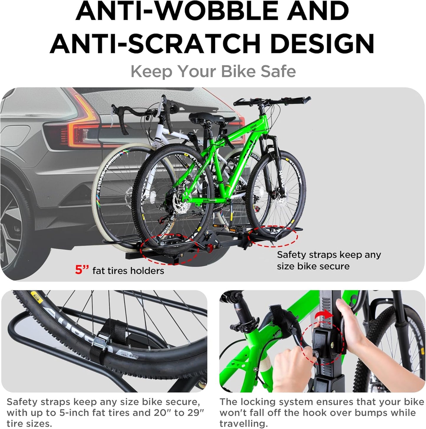 Rockland Foldable 2-Bike Rack with Lock, 200 lbs Capacity, Hitch Mount Bike Rack, Fits up to 5" Fat Tire Width and 50" Wheelbase, Bike Carrier Rack for 2" Receiver for Cars SUVs Vans RVs