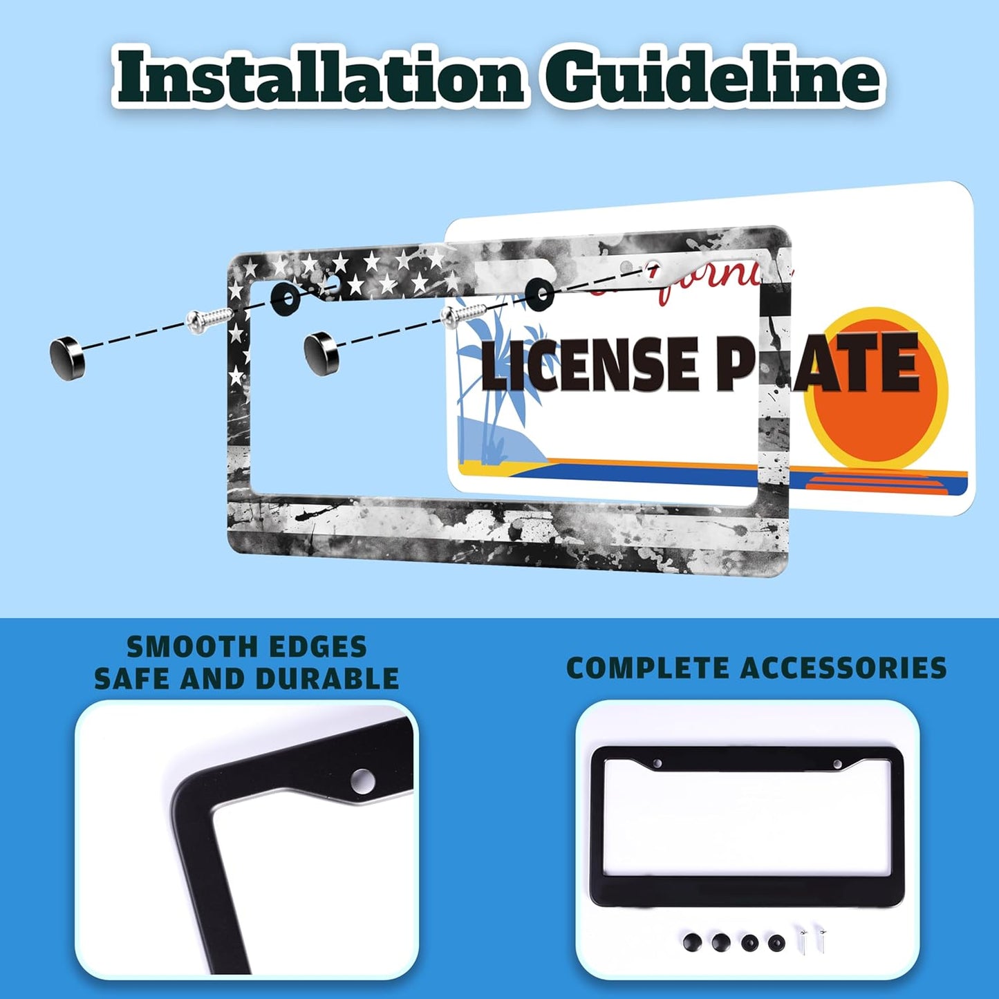 Vintage American Flag License Plate Frame USA Flag Stainless Steel License Plate Holder for Front or Rear Car Tags Funny for Car Decoration Accessories with Screws 6.3 X 12.2 in for Women Men