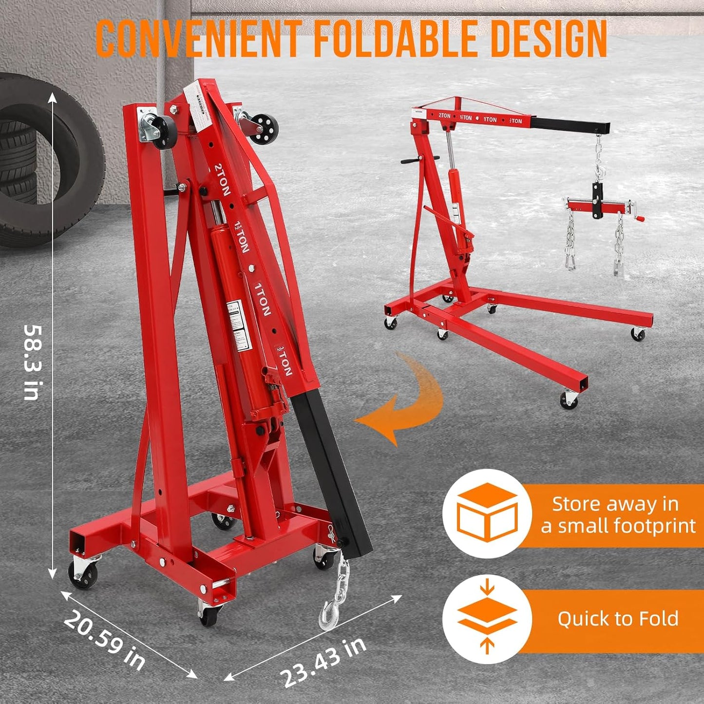 2 Ton Folding Engine Hoist with Lever, Cherry Picker Shop Crane Hoist Lift, 4400 Lbs Heavy Duty Steel Hydraulic Shop Engine Crane for Workshop and Garage, Red