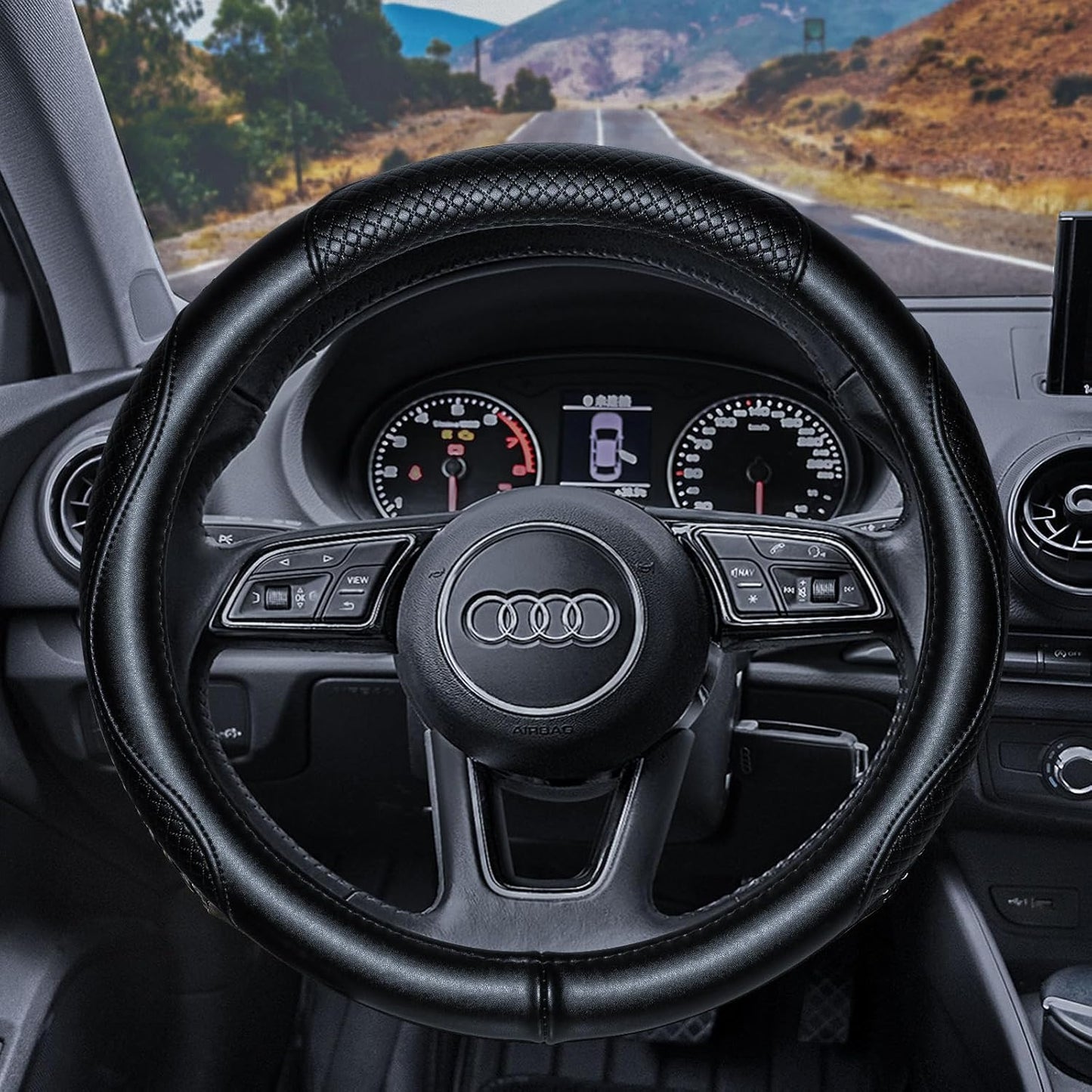 Haokay Heavy Duty Pure Cowhide Steering Wheel Cover, Genuine Leather Steering Cover with 15 Inches Universal Fit