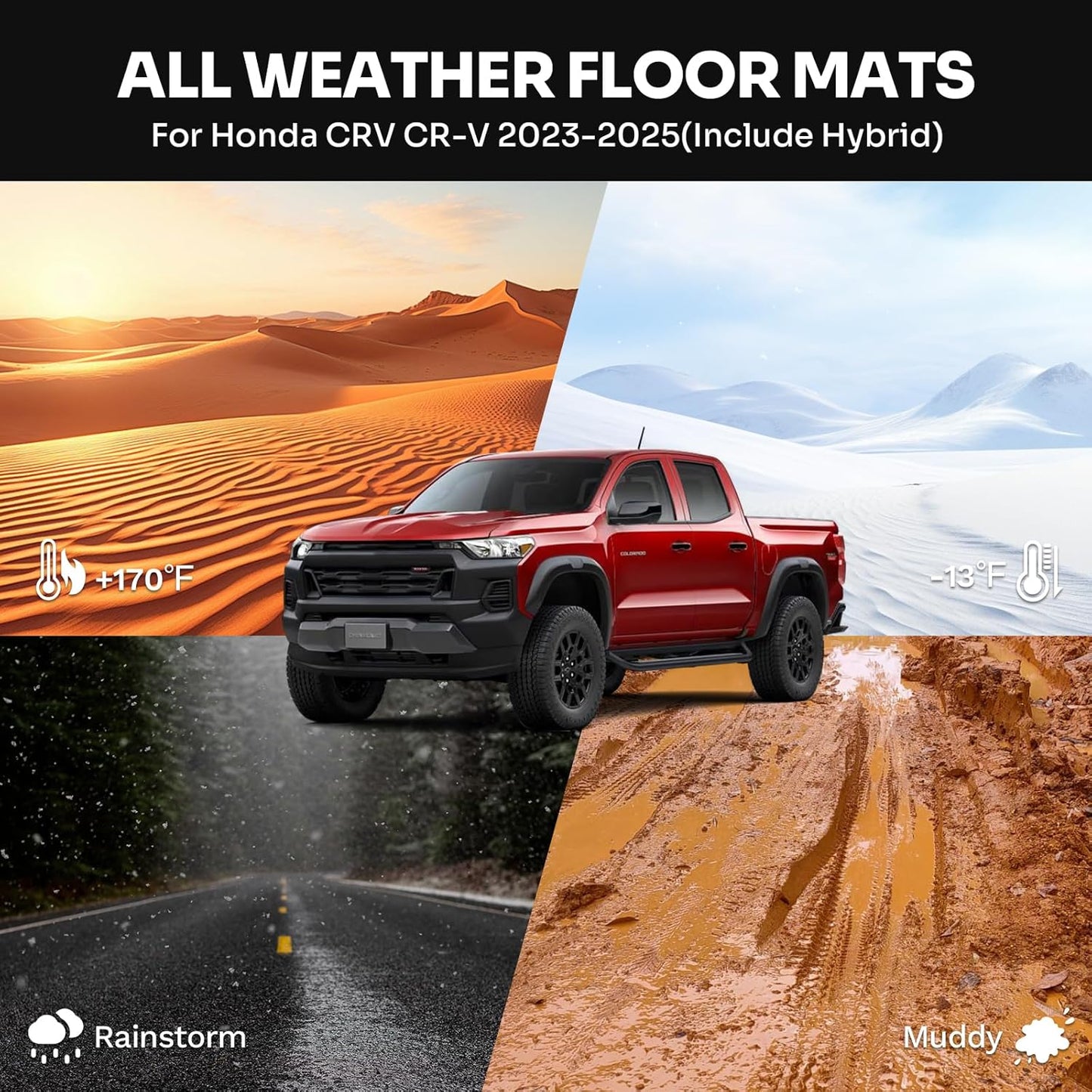 Powerty Floor Mats for 2023-2025 Chevy Colorado/GMC Canyon Accessories, All Weather Car Liners TPE Truck Mats, 1st & 2nd Row Black