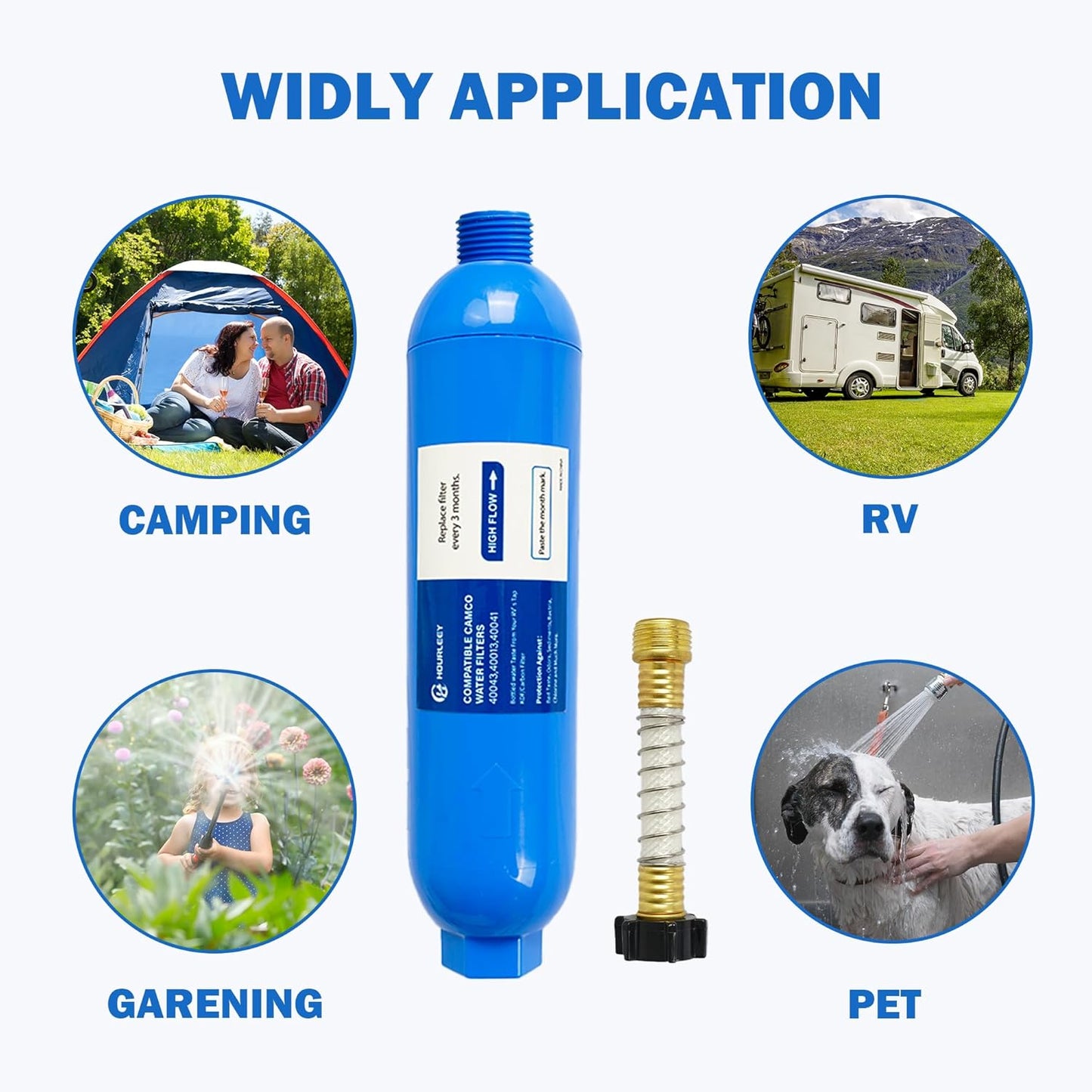 Hourleey 2 Pack RV Inline Water Filter with 2 Flexible Hose Protector, Reduce Bad Taste, Odors, Rust, Fluoride, Chlorine and Sediment in Drinking Water, Dedicated for RVs Campers Marines