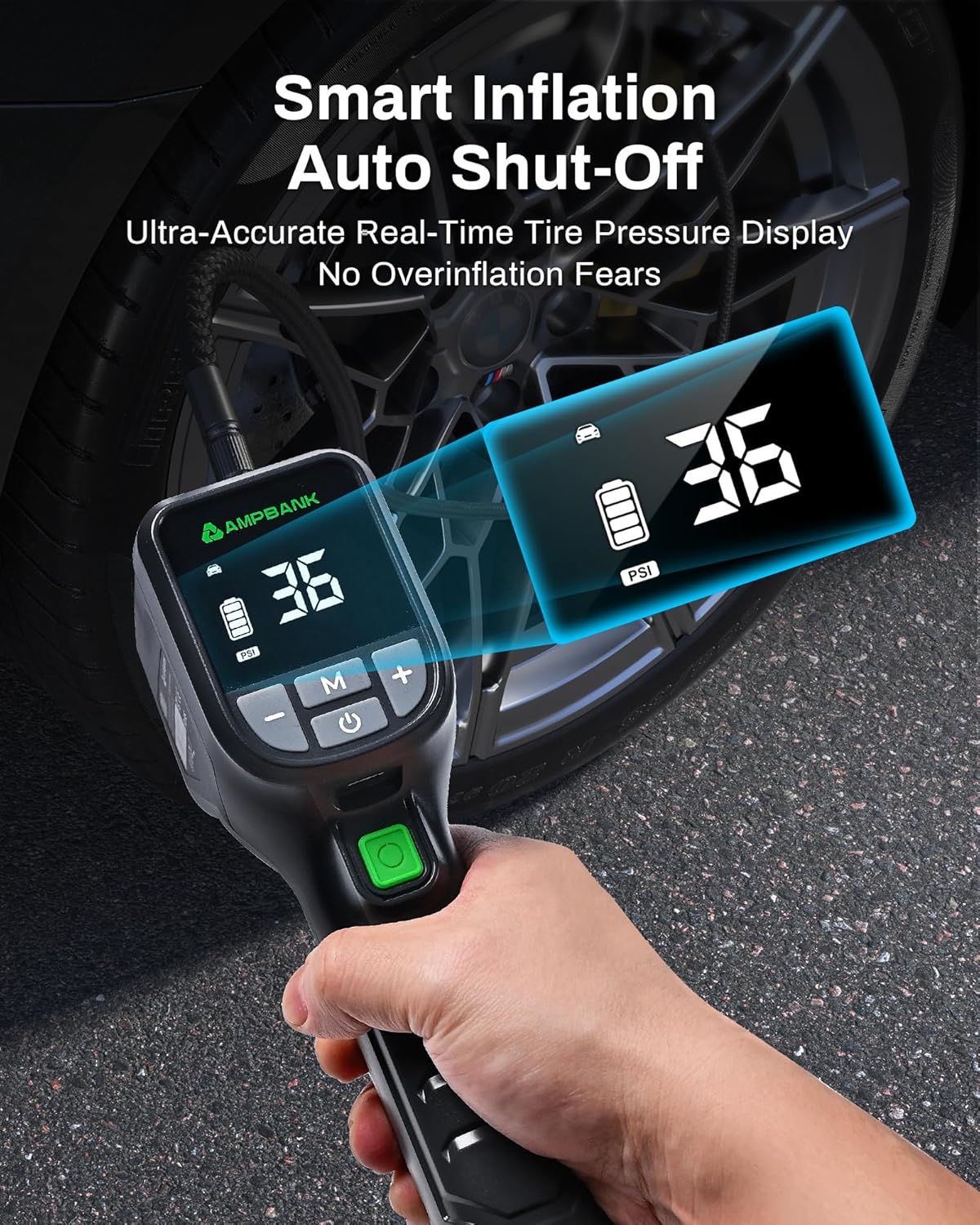 Tire Inflator Portable AMPBANK AT001, Portable Tire Inflator for Car with Pressure Gauge,Auto Air Pump150 PSI, Portable Air Compressor with LED for Car Tires, Motorcycle, SUV, Bicycle, Balls and more