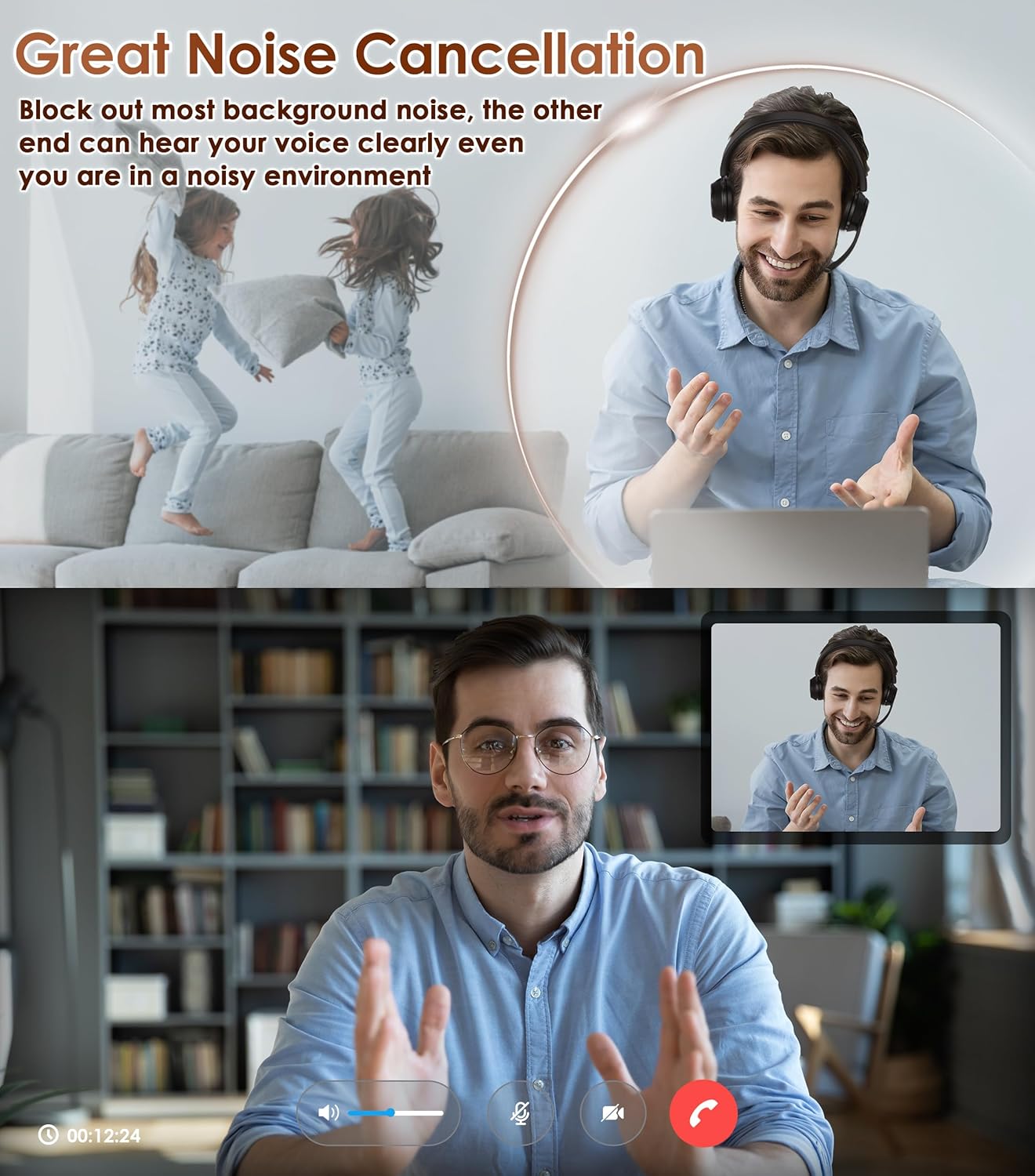 (Upgraded Version) Wireless Headset, Bluetooth Headset with Noise Cancelling Microphone, Best Headphones with Mic Mute & USB Dongle for PC/Computer/Laptop/Cell Phones/Remote Work/Call Center