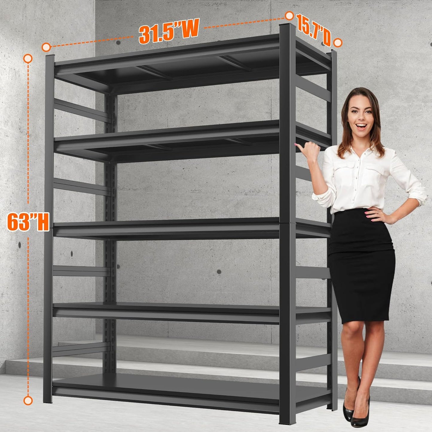 Adjustable 5-Tier Garage Shelving, Heavy Duty Steel Storage Rack, High Load Capacity, Ideal for Garage, Warehouse, or Home Organization (with Fences, 32" W*15.7" D*63" H)