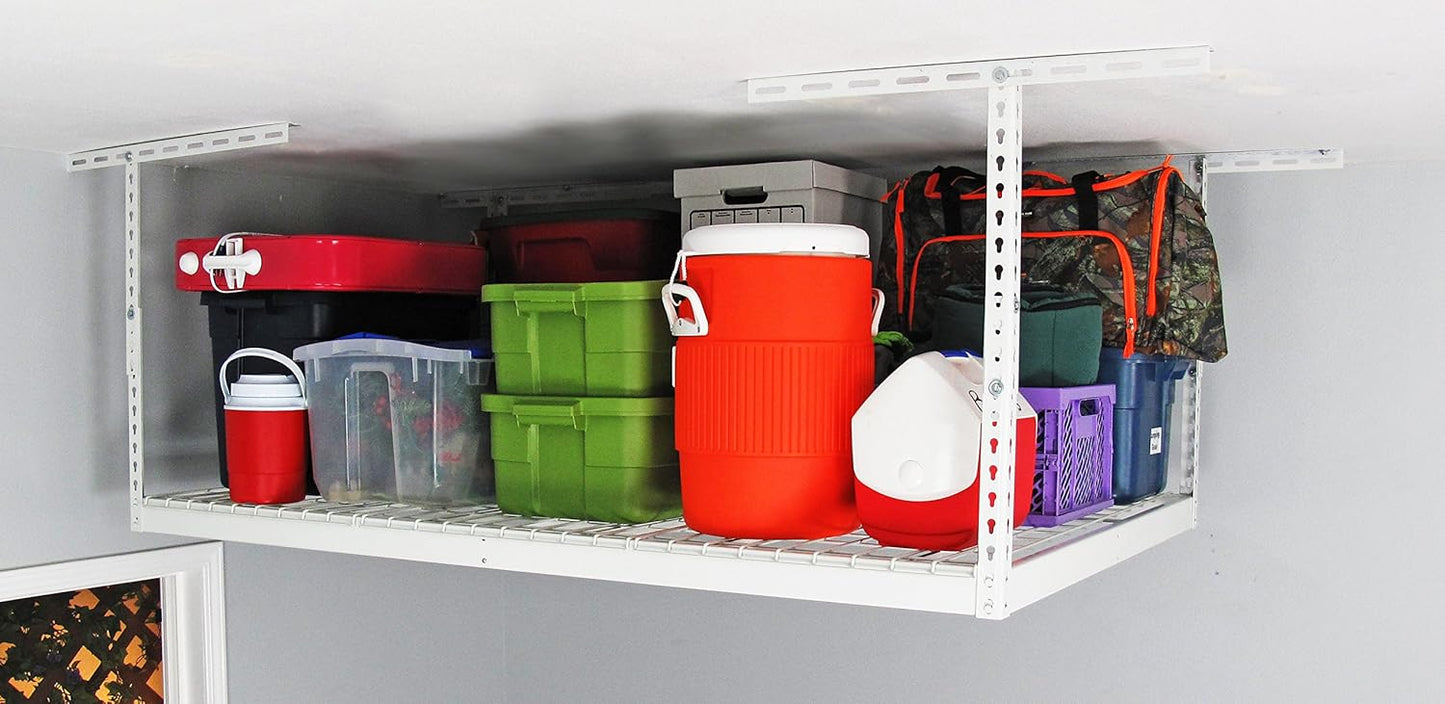 MonsterRax Overhead Garage Storage Racks 4x6, Ceiling Mounted Shelving, Adjustable Hanging Storage Organizer, Heavy Duty Steel, Holds 500 Pounds, Color: White, Adjusts 12"-21” off Ceiling