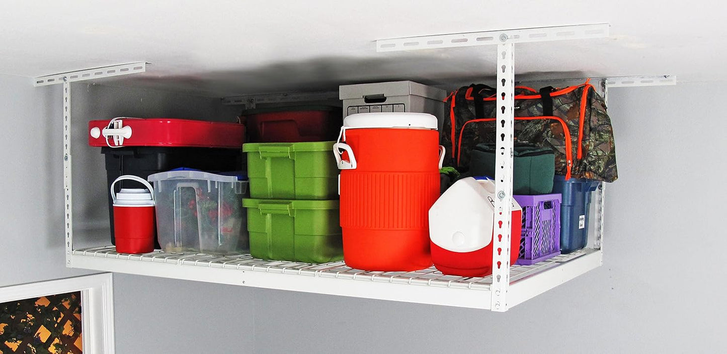 MonsterRax Overhead Garage Storage Racks 4x6, Heavy Duty Industrial Steel Construction, Ceiling Mounted Shelving Platform, 24"-45" Adjustable Hanging Storage Organizer, White (Two-Pack)