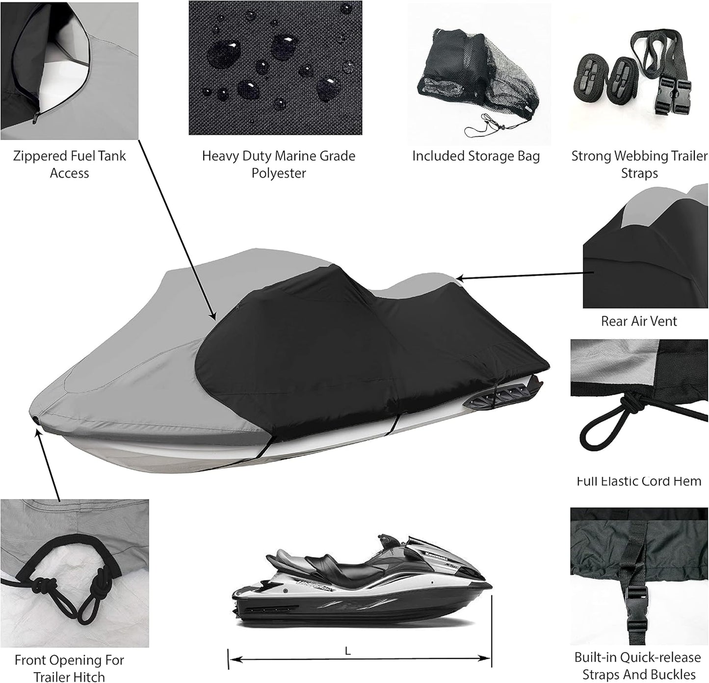 Trailerable Jet Ski Cover, Waterproof Marine Grade 600D Heavy Duty Polyester PWC Cover Gray/Black Color Fits from 126"-135" 3 Seater