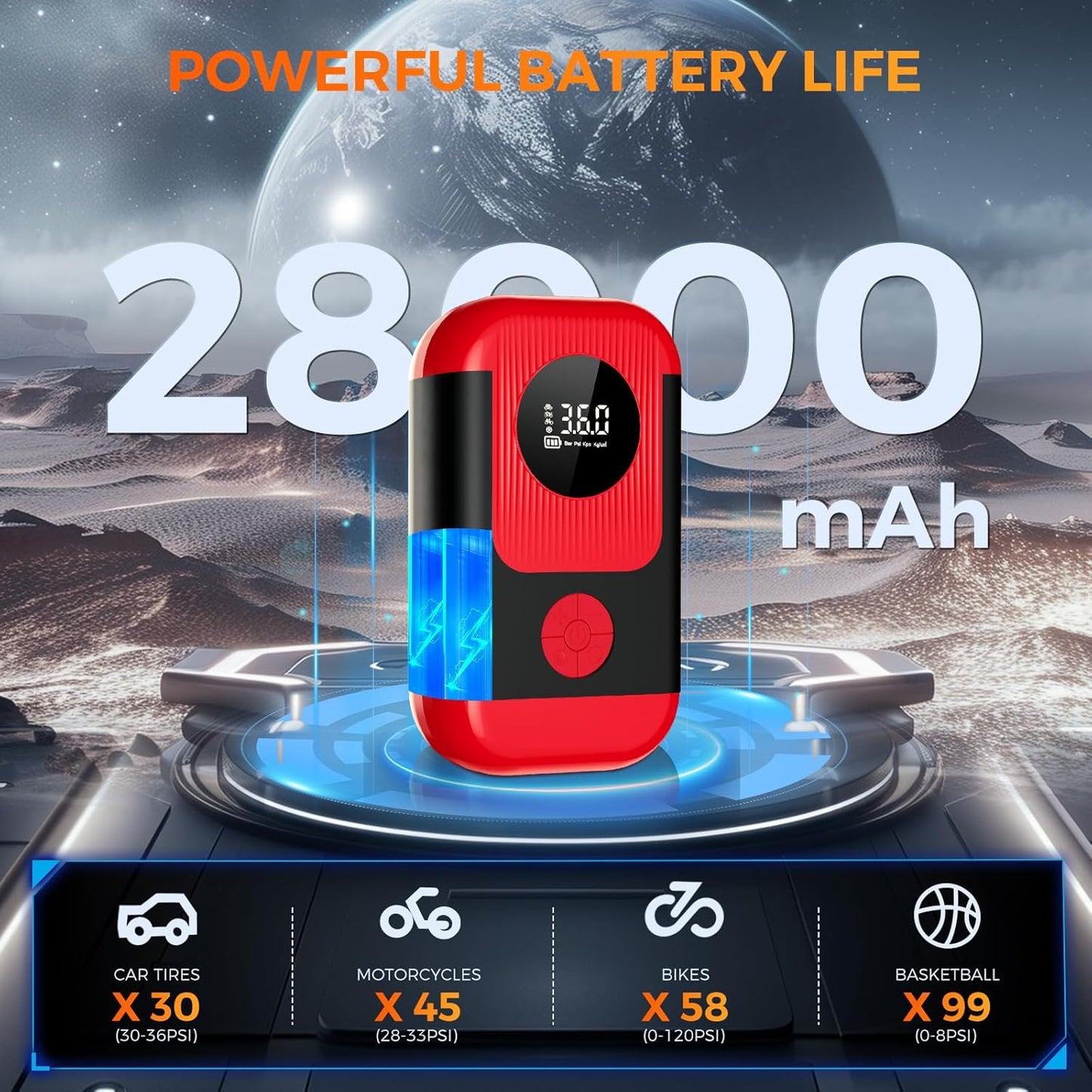 Tire Inflator Portable Air Compressor with battery jumper starter, 28000mAh Battery 3X Faster Cordless Tire Inflator with Tire Pressure Gauge,150PSI Electric Air Pump for Car Tires,Motorcycle,Bike