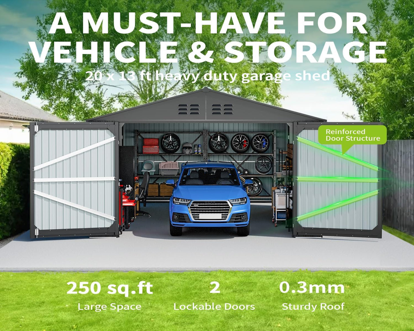 20 x 13 FT Outdoor Storage Shed, Large Metal Garden Shed with 2 Lockable Doors, Tool Shed Outdoor Storage with 4 Air Vents, Garage Shed Waterproof for Car, Truck, Bike, Garbage Can, Tool, Black