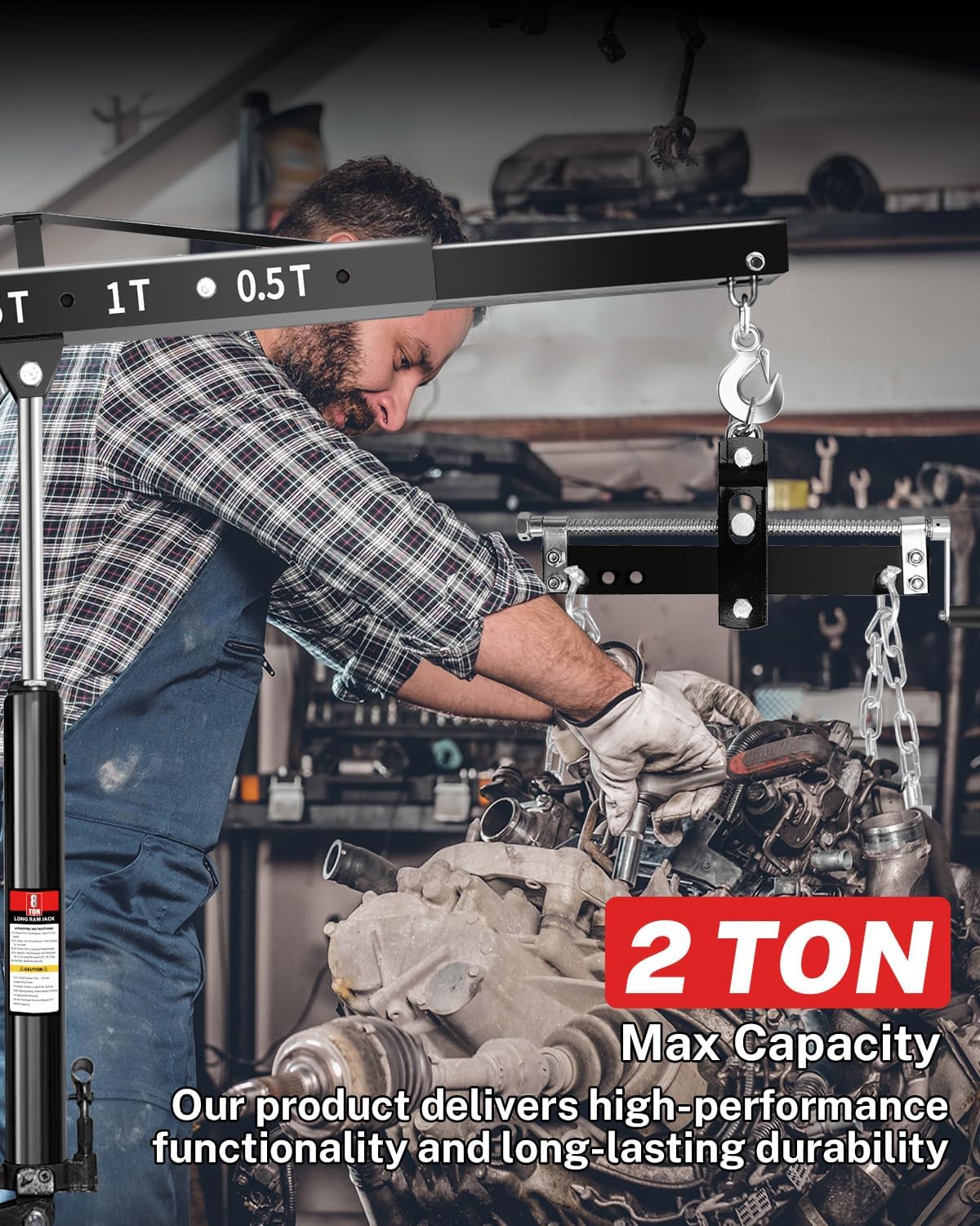 2-Ton Folding Engine Hoist with Lever, Hydraulic Shop Crane with 6 Swivel Wheels & Adjustable Boom (0.5T-2T), Heavy-Duty Cherry Picker for Garage, Workshop, Truck, Farm (Net Wt. 168 lbs)