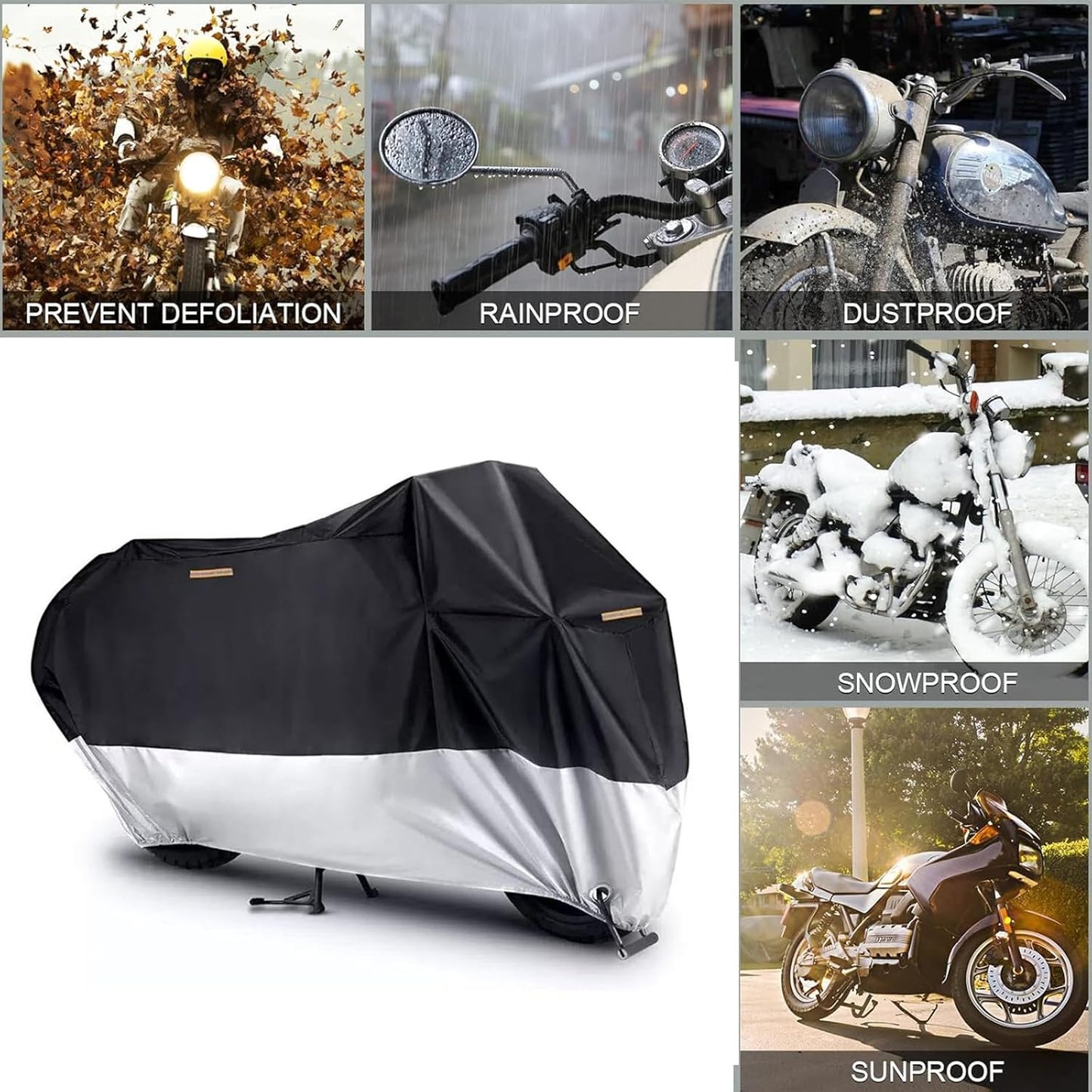 Motorcycle Cover, 210D Oxford Cloth, with Reflective Stripes, Waterproof Outdoor Protection, All-Weather Universal car Cover, with Lock Holes and Storage Bag. (Black Silver, 90.5")