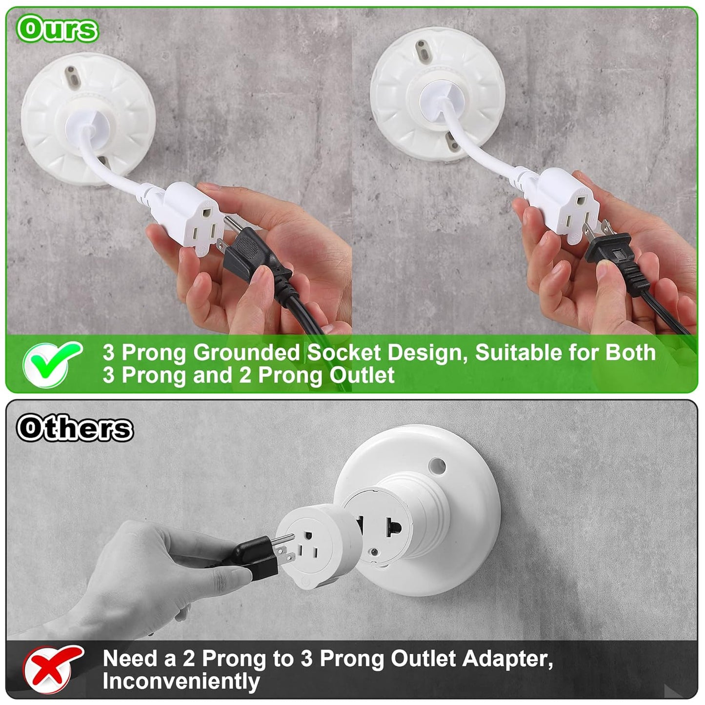 Feekoon 2 Pack 3 Outlet Light Socket Adapter, Convert E26/E27 Bulb Socket to 3 Prong Outlet with Extension Cord, Light Bulb Plug Adapter Converter Suitable for Outdoor Porch Garage Patio Use (White)