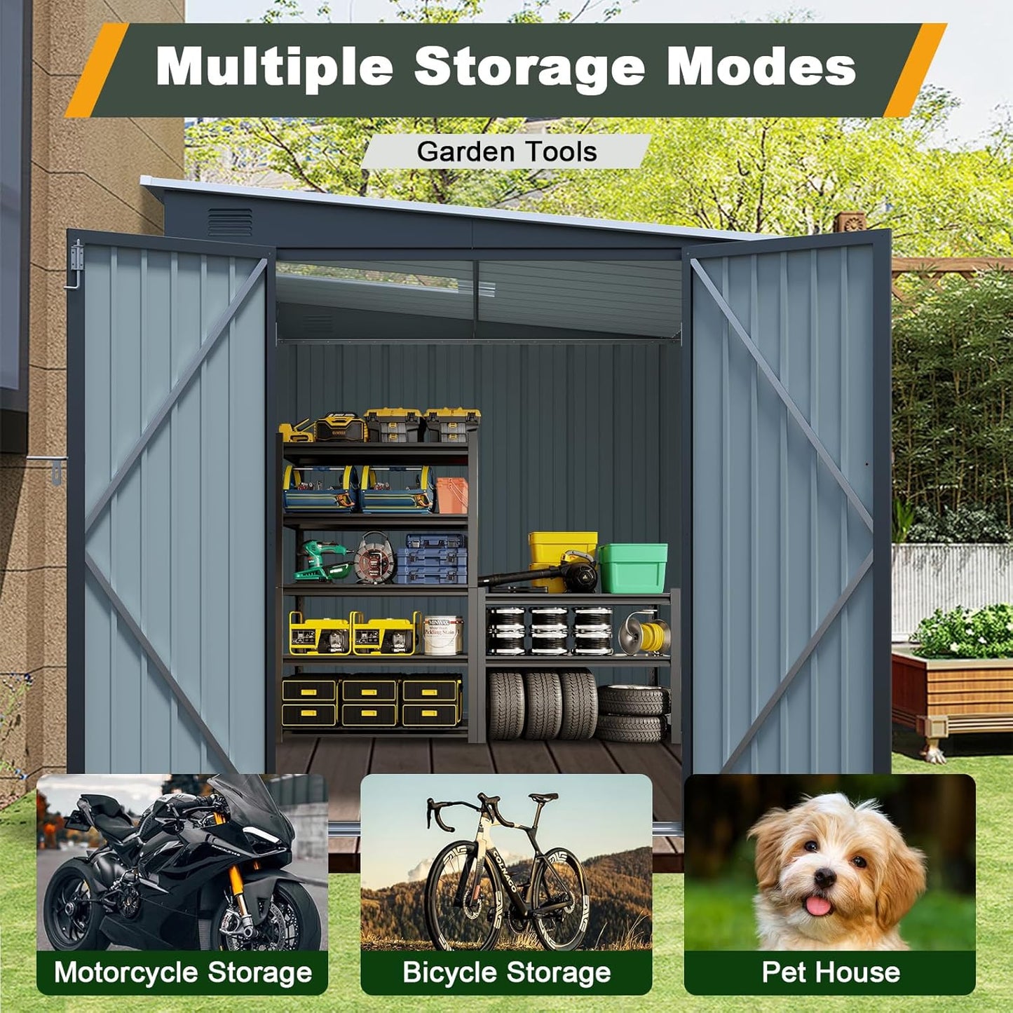 6x8FT Outdoor Storage Shed with Lockable Double Doors, Metal Lean to Garden Shed with Free PC Light Board for Tools, Small Outside Storage Shed Waterproof for Backyard, Patio, Gift for Dad