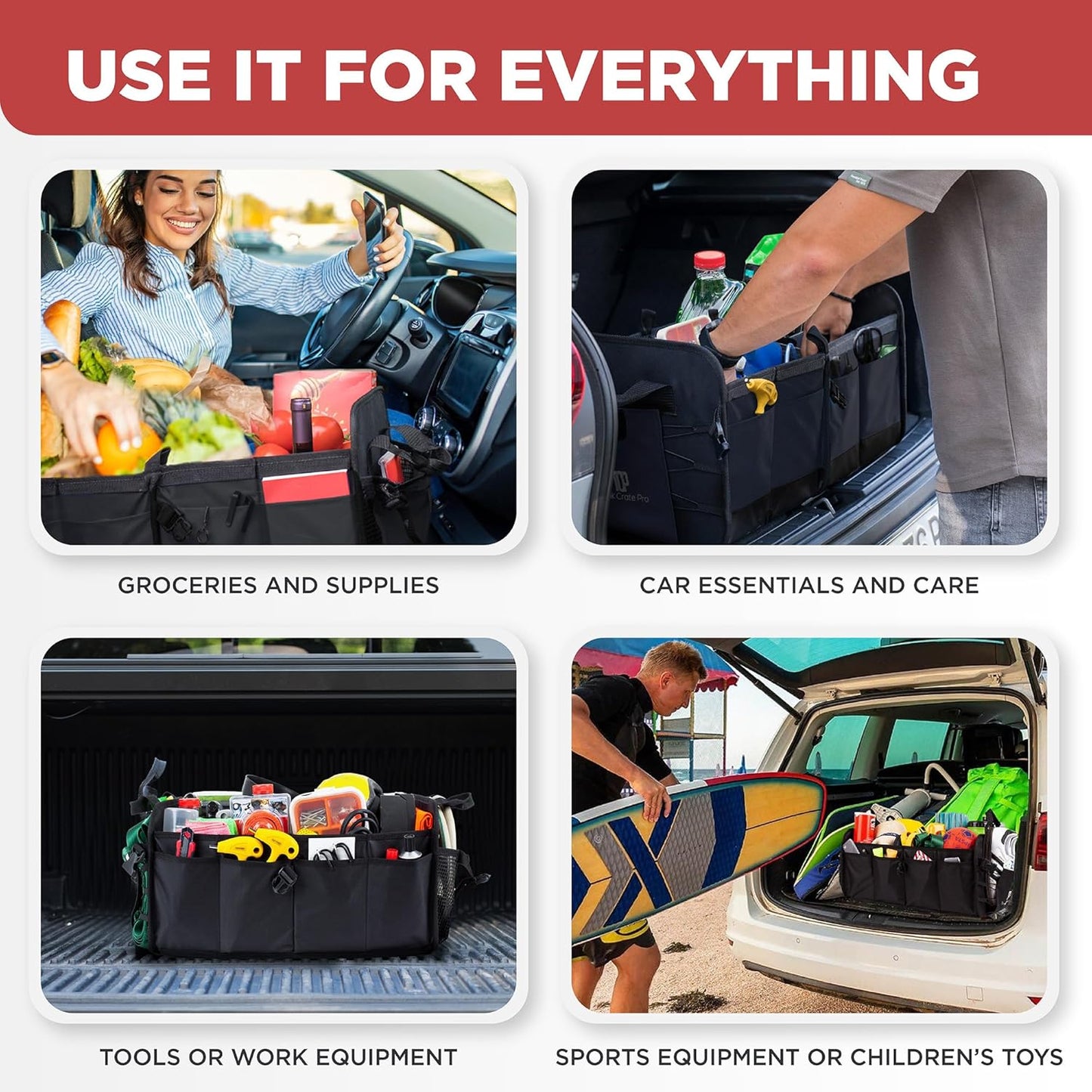 TRUNKCRATEPRO Car Organizers and Storage Premium Adjustable Multi Compartments Car Storage Organizer | Portable and Foldable SUV Trunk Organizer for Car (Standard size, black)
