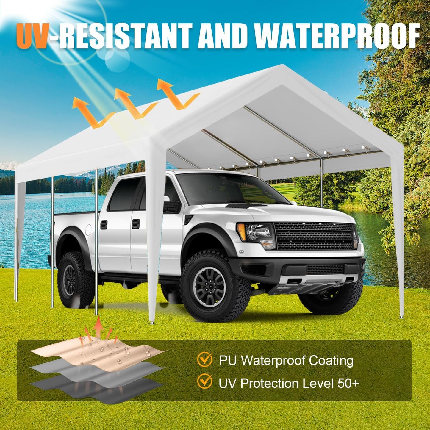 10'x20' Canopy Replacement Cover, Beefull Carport Replacement Canopy for Car Garage, Waterproof & UV Protected Tarp with Ball Bungees, White (Frame is not Included)