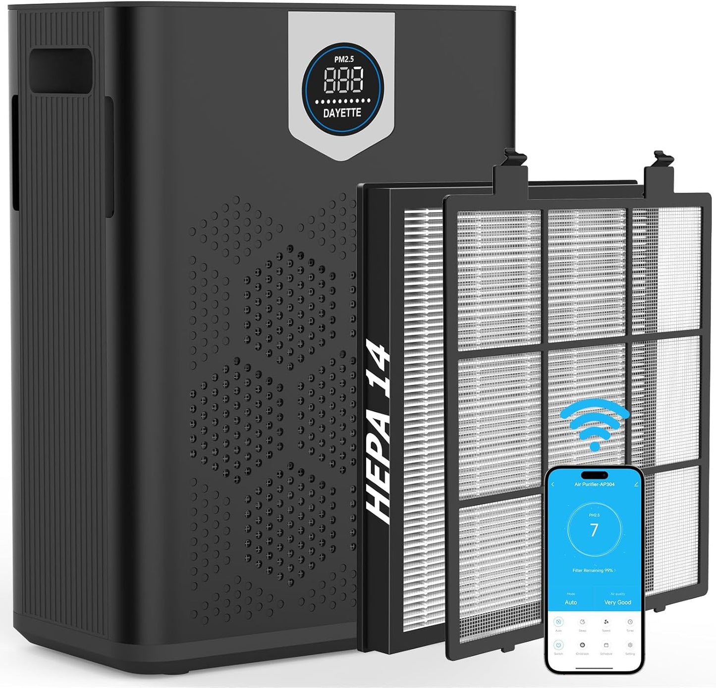 Smart Air Purifiers for Home Large Room, H14 Air Purifier with Washable Filters Up to 3000 Ft², APP & Voice Control & 22 dB Sleep Mode for Bedroom Living Room, Black
