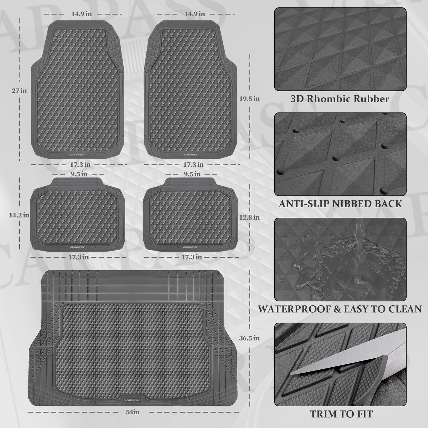 CAR PASS Gray Rubber Car Floor Mats & Cargo Liners, Durable Anti-Slip 3D Rhombus Waterproof Automotive Pad Trim Fit Liner All-Weather Trunk Mats Full Set Universal Fit Auto Van Sedan SUV Truck Gray