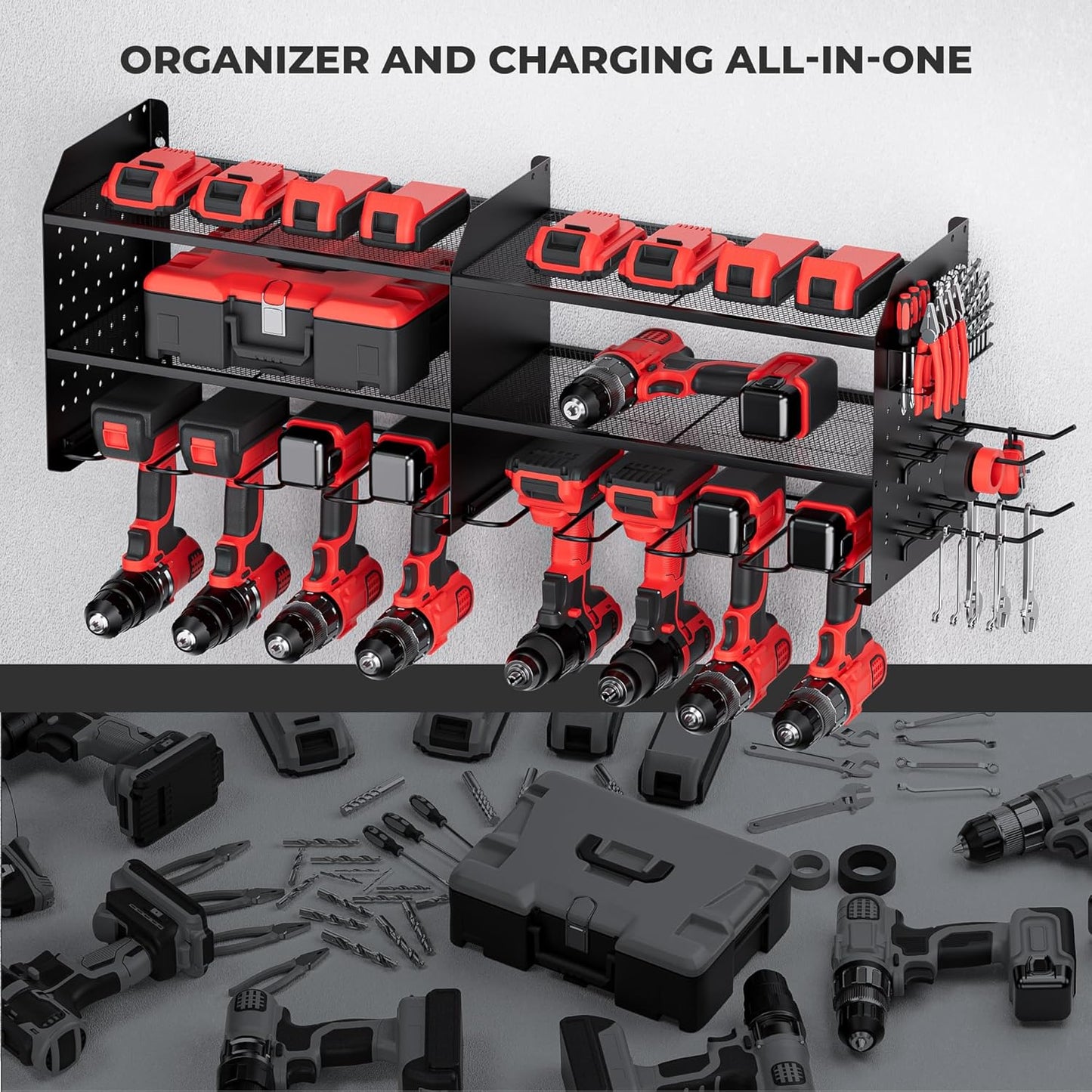 TRZZ 2-in-1 Power Tool Organizer Wall Mount, 3-Layer Drill Holder with 2 Side Pegboards, 8 Drill Holders, 4 Hooks, and 1 Drill Bit Rack, Tool Storage for Garage, Workshop, and Tool Room (Black)