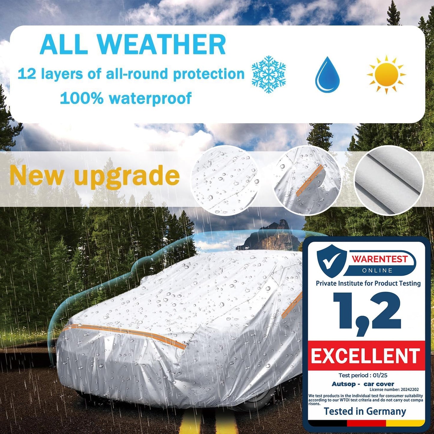 Autsop Car Cover Waterproof All Weather,12-Layer Car Covers for Automobiles Outdoor Heavy Duty Full Exterior Covers for Sedan(Up to 177 inch)