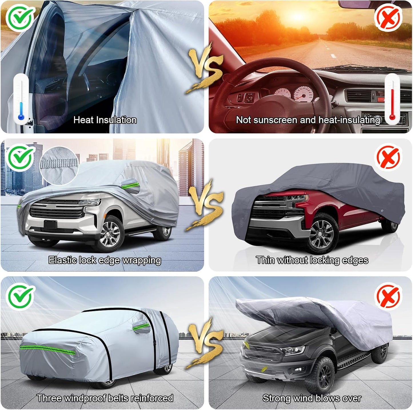 TUCAREST 6-Layers Premium Heavy Outdoor Pickup Full Car Cover Hard Shell Zipper Design Waterproof All Weather Weatherproof UV Sun Protection Snow Dust Storm Resistant with Straps(Fit for UP 180"-206")