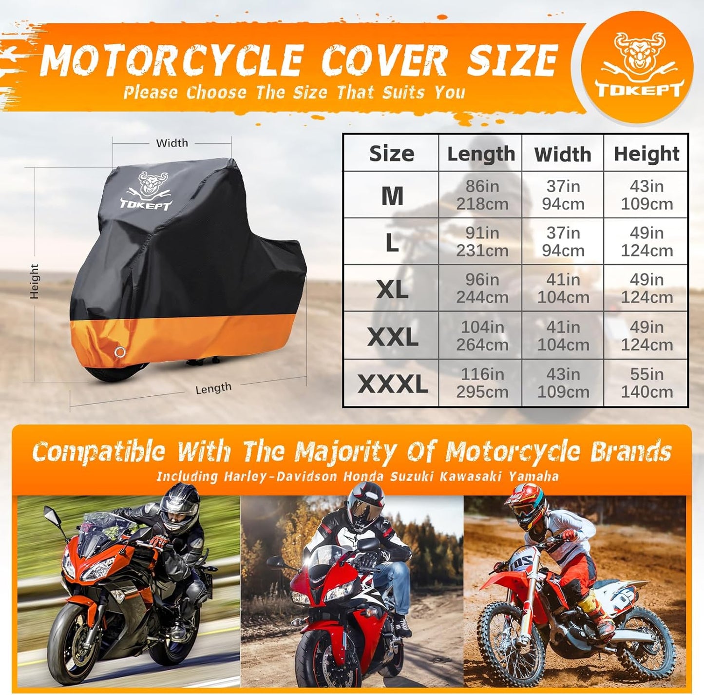 Motorcycle Cover, All-Season Waterproof Outdoor Sun Protection Fit up to 116 Inch Harley-Davidson Honda Suzuki Kawasaki Yamaha (XXXL Black&Orange)