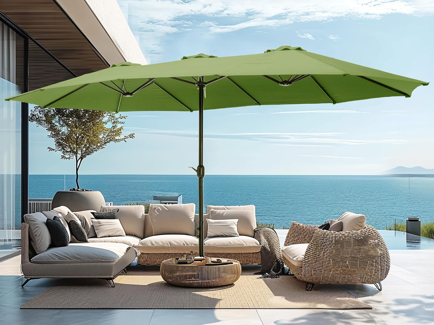 PHI VILLA 15ft Large Patio Umbrellas with Base, Outdoor Double-Sided Rectangle Market Umbrella for Pool Lawn Garden, Lime Green