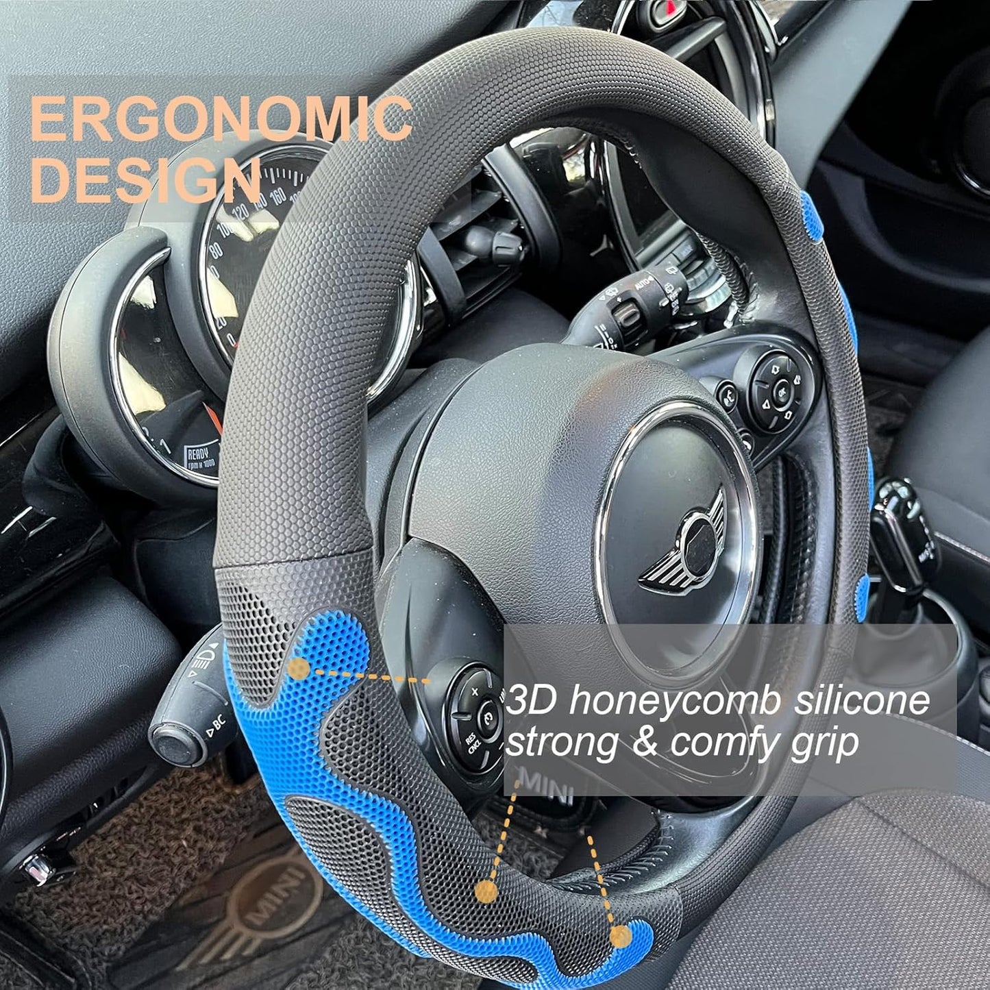 PINCTROT Large Size Comfy Grip Steering Wheel Cover, Anti-Slip Design, 15.5-15.75 Inch(Silicone Blue)