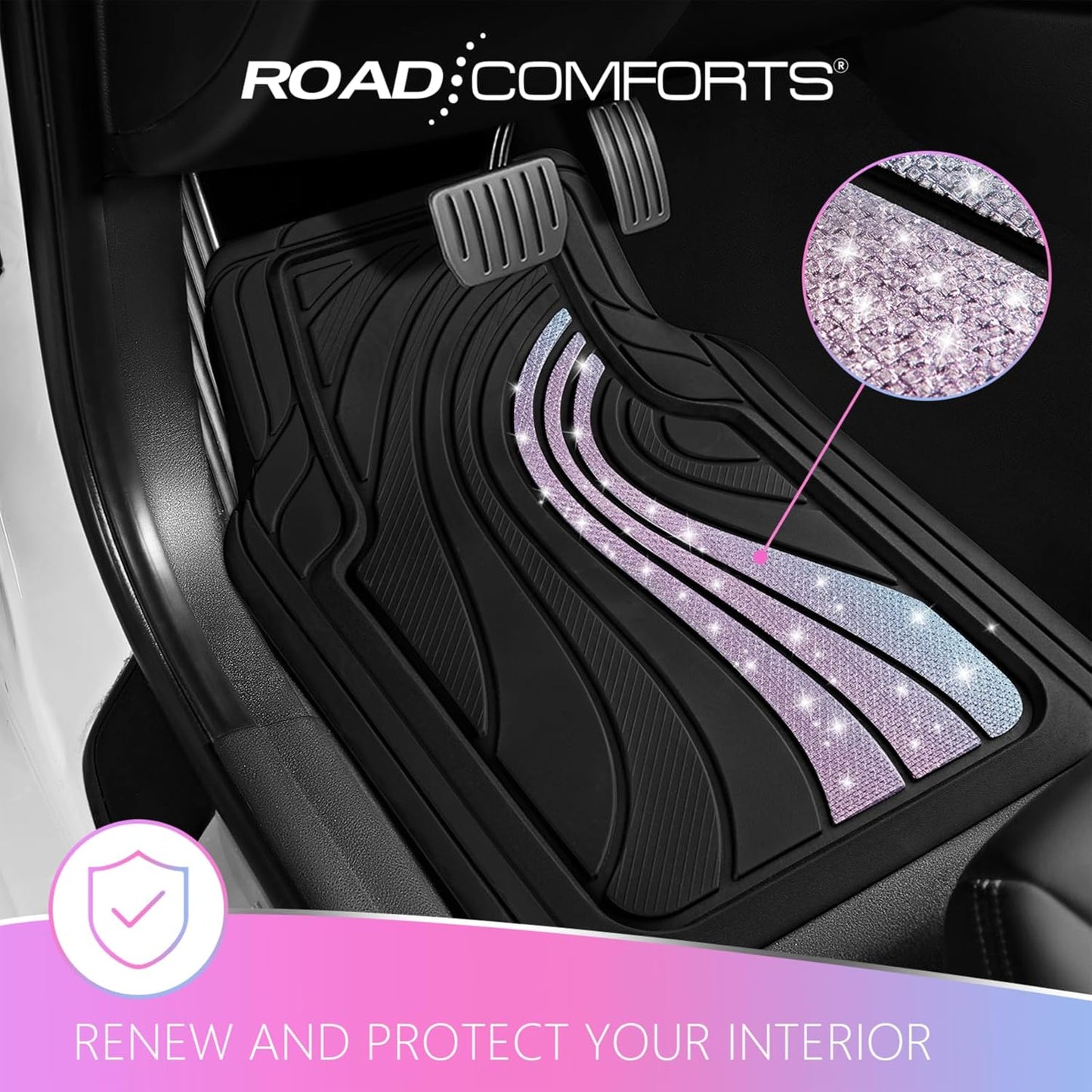 Road Comforts Car Floor Mats Full Set – Front & Rear Car Floor Mats with Aluminum Design, Anti-Slip Backing, All-Weather Protection, Trim-to-Fit Car Mats for Most Sedans, SUVs & Vans - Glitter
