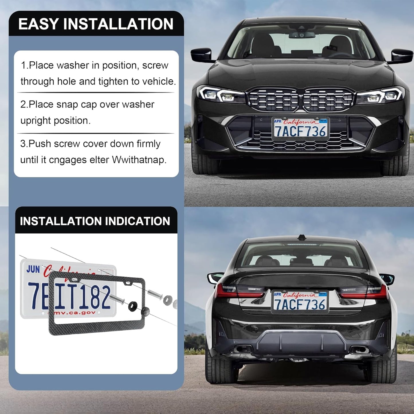 LivTee Carbon Fiber License Plate Frames, 2 Holes Stainless Steel License Plate Covers, 2PCS Car License Plate Holder, Automotive Exterior Accessories, Slim Design with Gasket Cover for US Cars