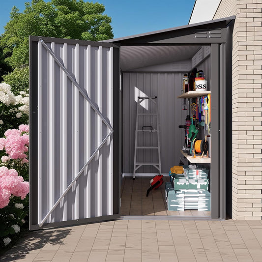 4x9 FT Lean to Shed with Windows, Metal Sheds & Outdoor Storage with 6 Vents and 1 Side Open Door, Outdoor Storage Shed Waterproof for Backyard, Garden, Patio, Gray