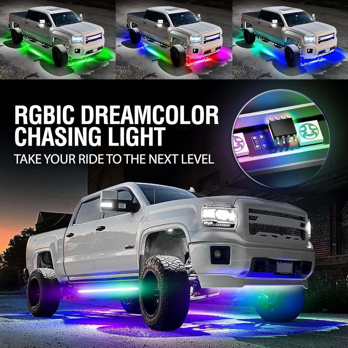 OPT7 Aura DreamColor Underglow Chasing Lights for Truck w/APP & Remote Control, Waterproof Rigid Aluminum LED Light Bar, Exterior Neon Accent Underbody RGBIC Lighting Kit, Multicolor Music Mode, 12V